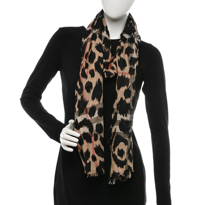 Burberry Wool Silk Animal Check Lightweight Scarf Camel 2 of 4