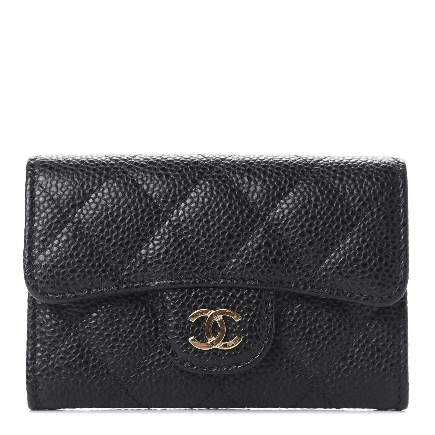 Caviar Quilted Flap Card Holder Wallet Black