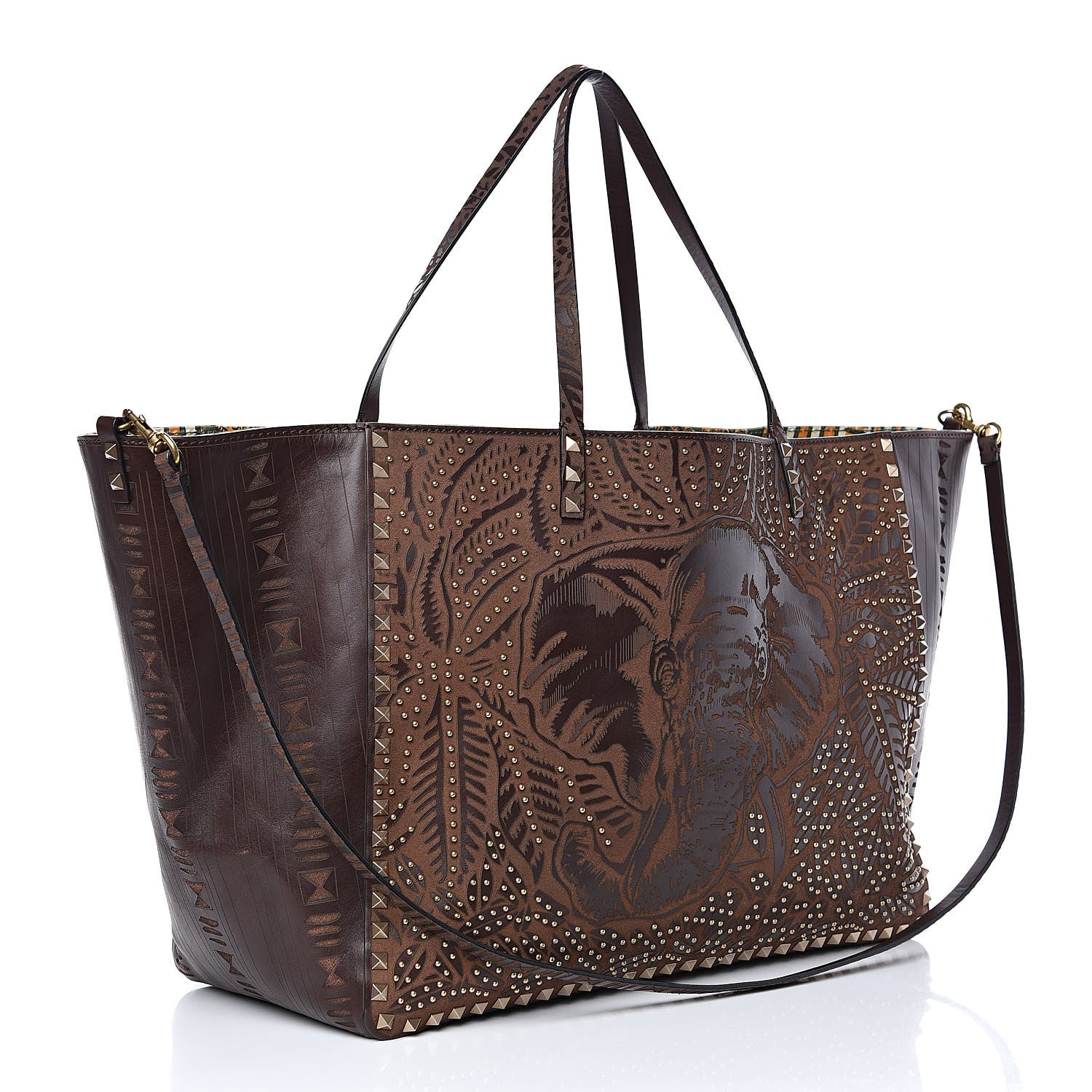 Valentino Garavani Calfskin Canvas Elephant Embossed Medium Rockstud Reversible Tote Brown 5 of 18