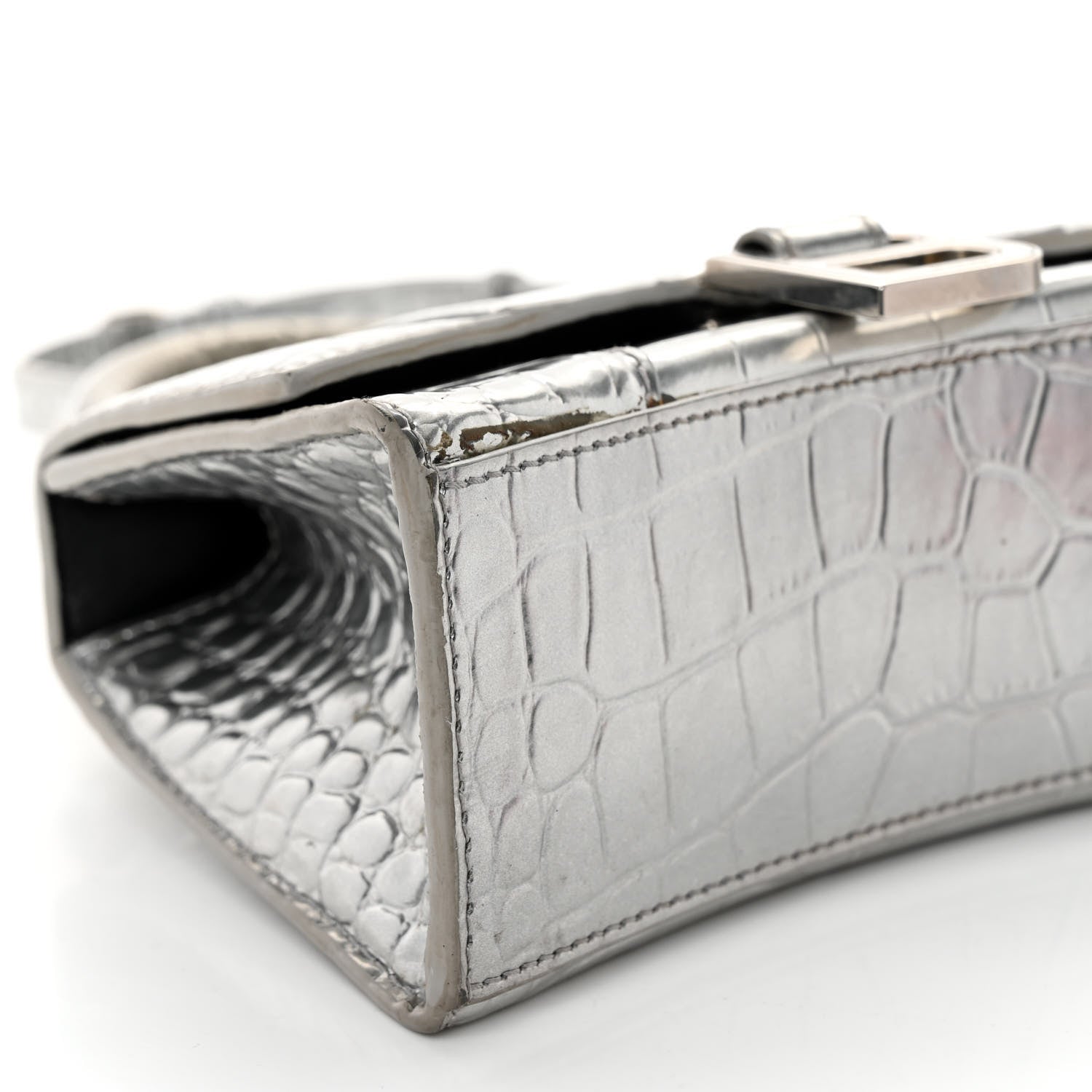 Balenciaga Metallic Calfskin Crocodile Embossed Hourglass Top Handle Bag XS Silver 8 of 12