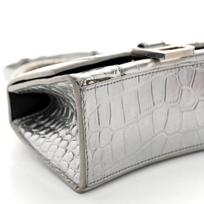 Balenciaga Metallic Calfskin Crocodile Embossed Hourglass Top Handle Bag XS Silver 8 of 12