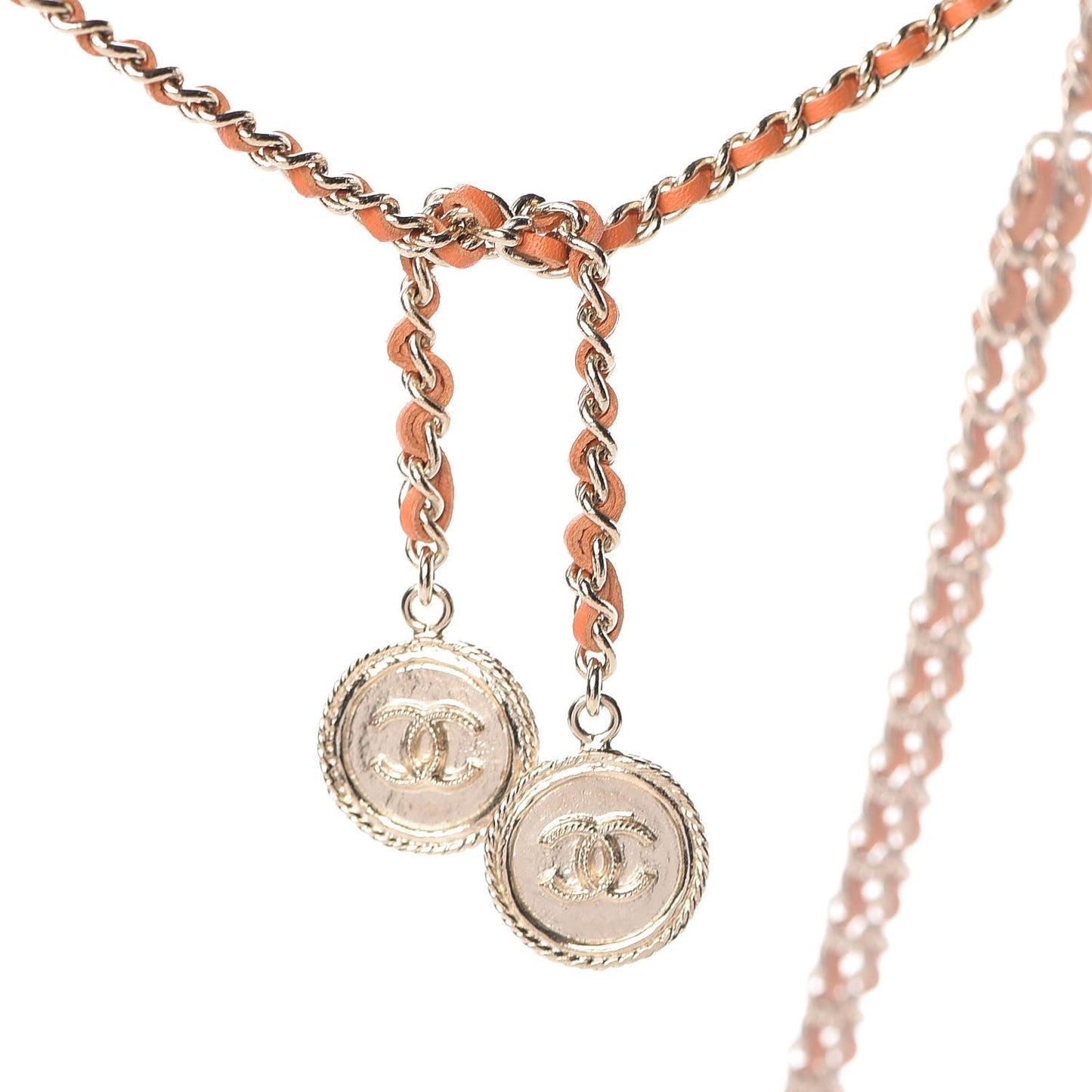 Metal Lambskin CC Chain Link Necklace Gold Orange