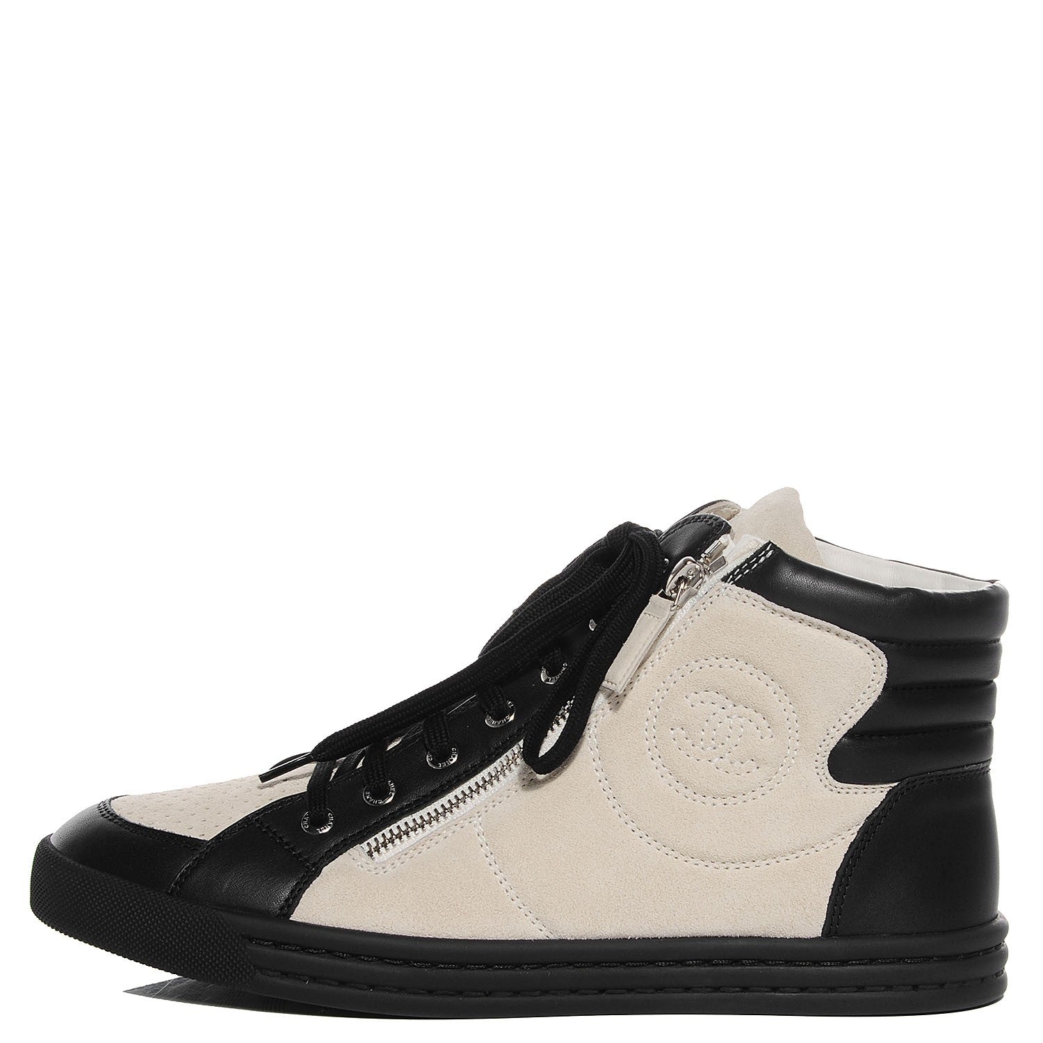 Chanel Suede Calfskin Zipped Sneakers 40.5 Beige Clair Black 1 of 8