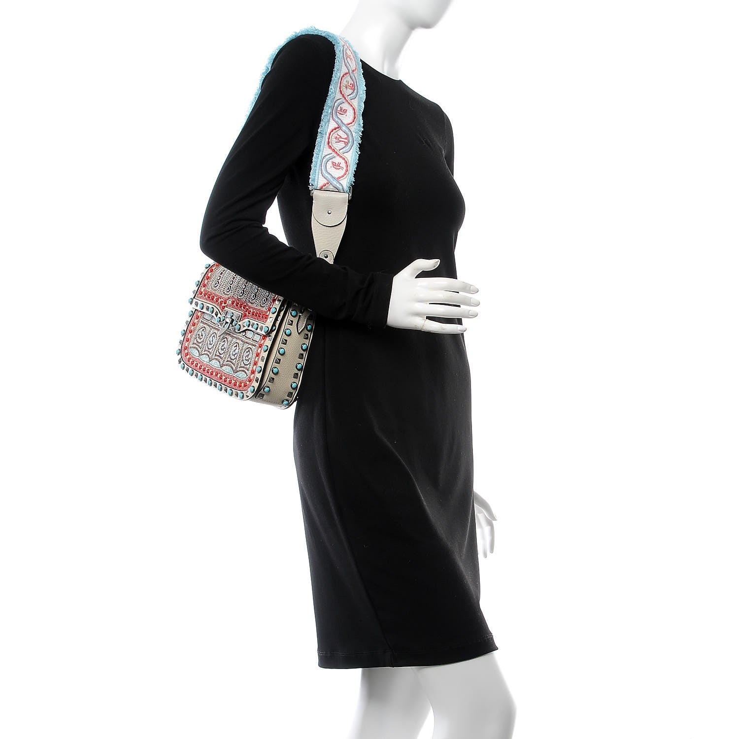 Valentino Garavani Calfskin Embroidered Medium Guitar Strap Rockstud Rolling Flap Saddle Bag 2 of 9