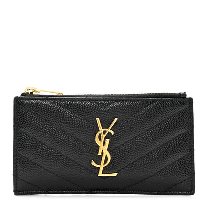 Saint Laurent Grain De Poudre Matelasse Chevron Monogram Fragments Zippered Card Case Black 1 of 7
