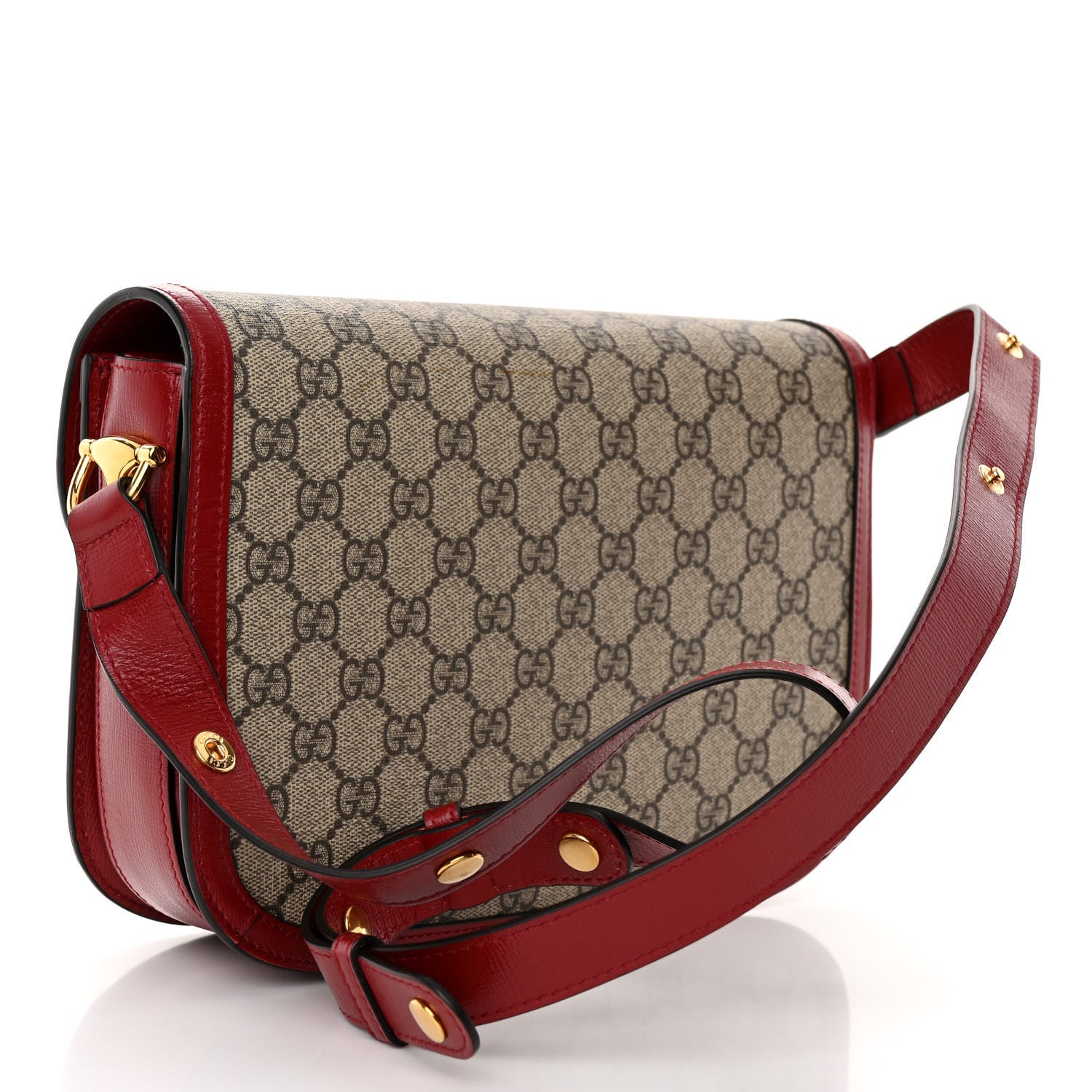 Gucci GG Supreme Monogram Azalea Calfskin Horsebit 1955 Shoulder Bag Beige Ebony New Cherry Red 3 of 9