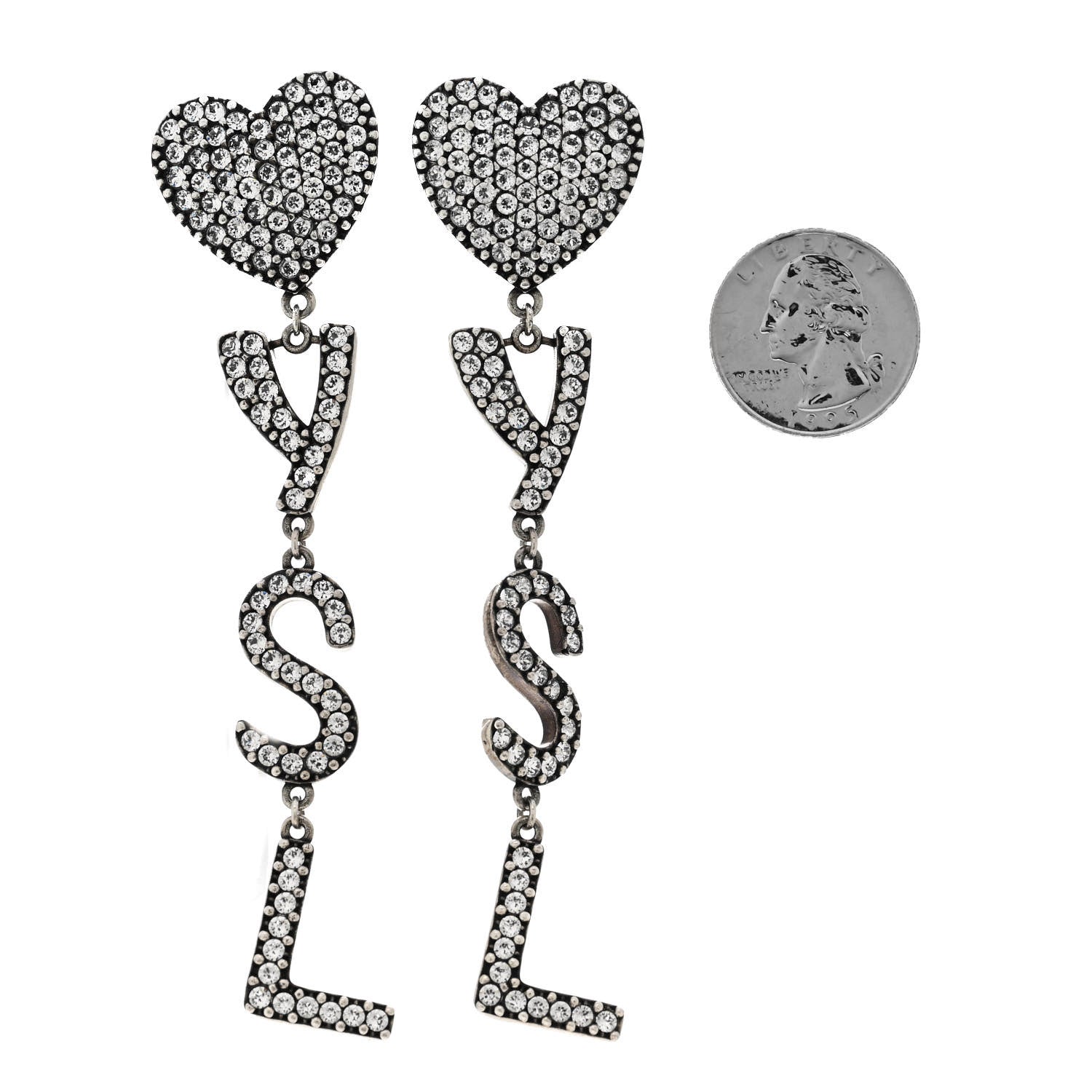 Saint Laurent Brass Crystal Monogram Heart Drop Clip Earrings Silver 2 of 4