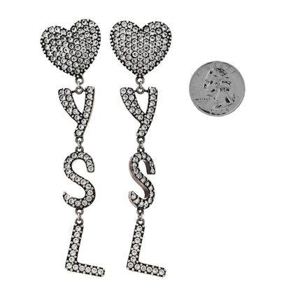 Saint Laurent Brass Crystal Monogram Heart Drop Clip Earrings Silver 2 of 4