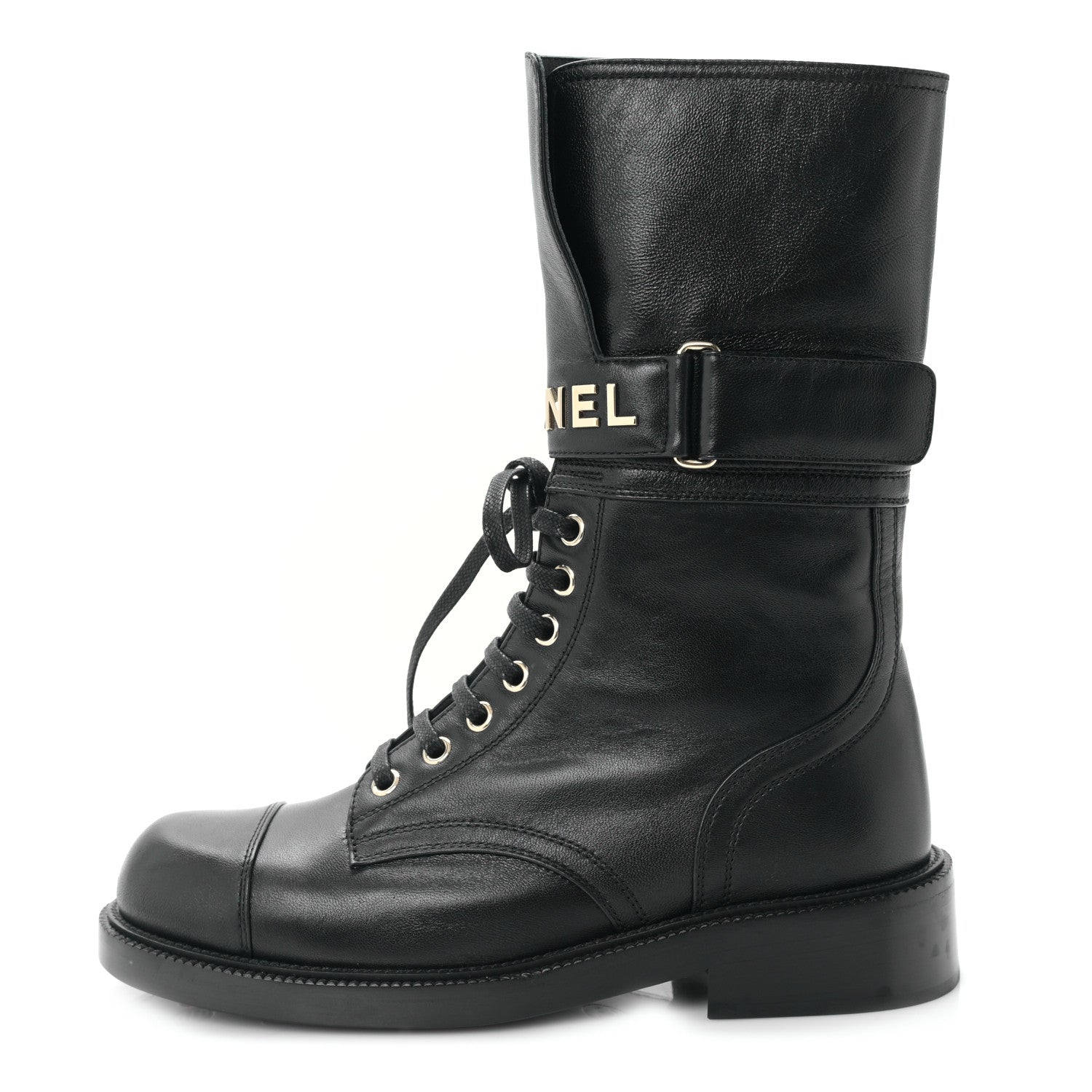 Chanel Lambskin Calfskin Lace Up Combat Boots 37.5 Black 1 of 7