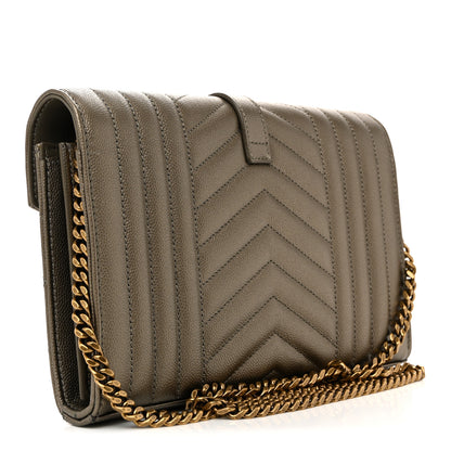 Saint Laurent Metallic Grain De Poudre Mixed Matelasse Triquilt Monogram Chain Wallet Piombo 3 of 16