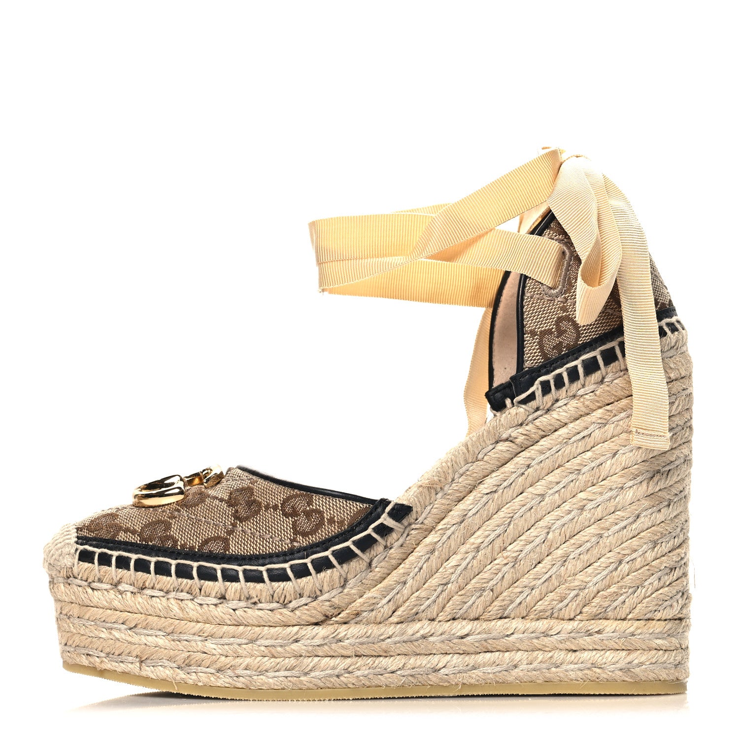 Gucci Monogram Matelasse GG Marmont Ankle Wrap Platform 35/120mm Espadrille Wedges 35.5 Beige Ebony Black Sand Storm 1 of 10