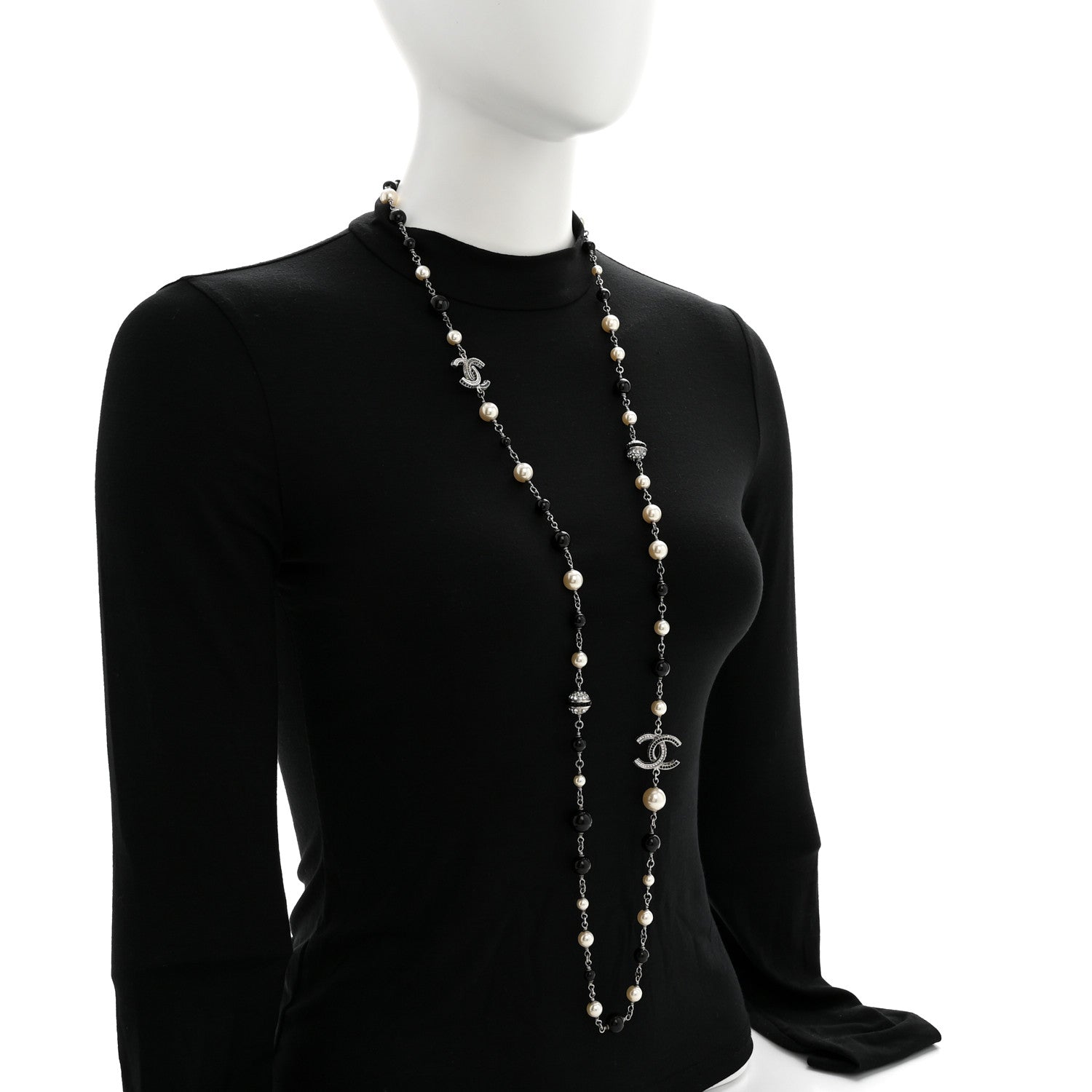 Chanel Metal Pearl Crystal Bead CC Long Necklace Black Silver 2 of 7