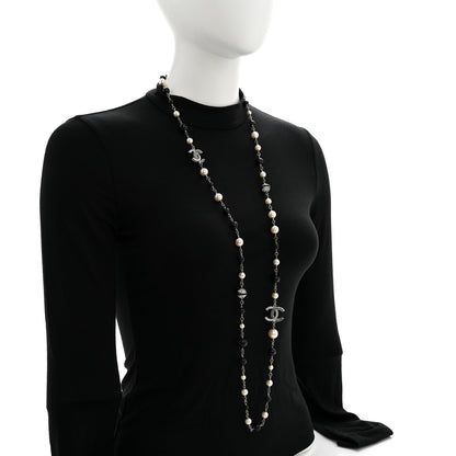 Chanel Metal Pearl Crystal Bead CC Long Necklace Black Silver 2 of 7