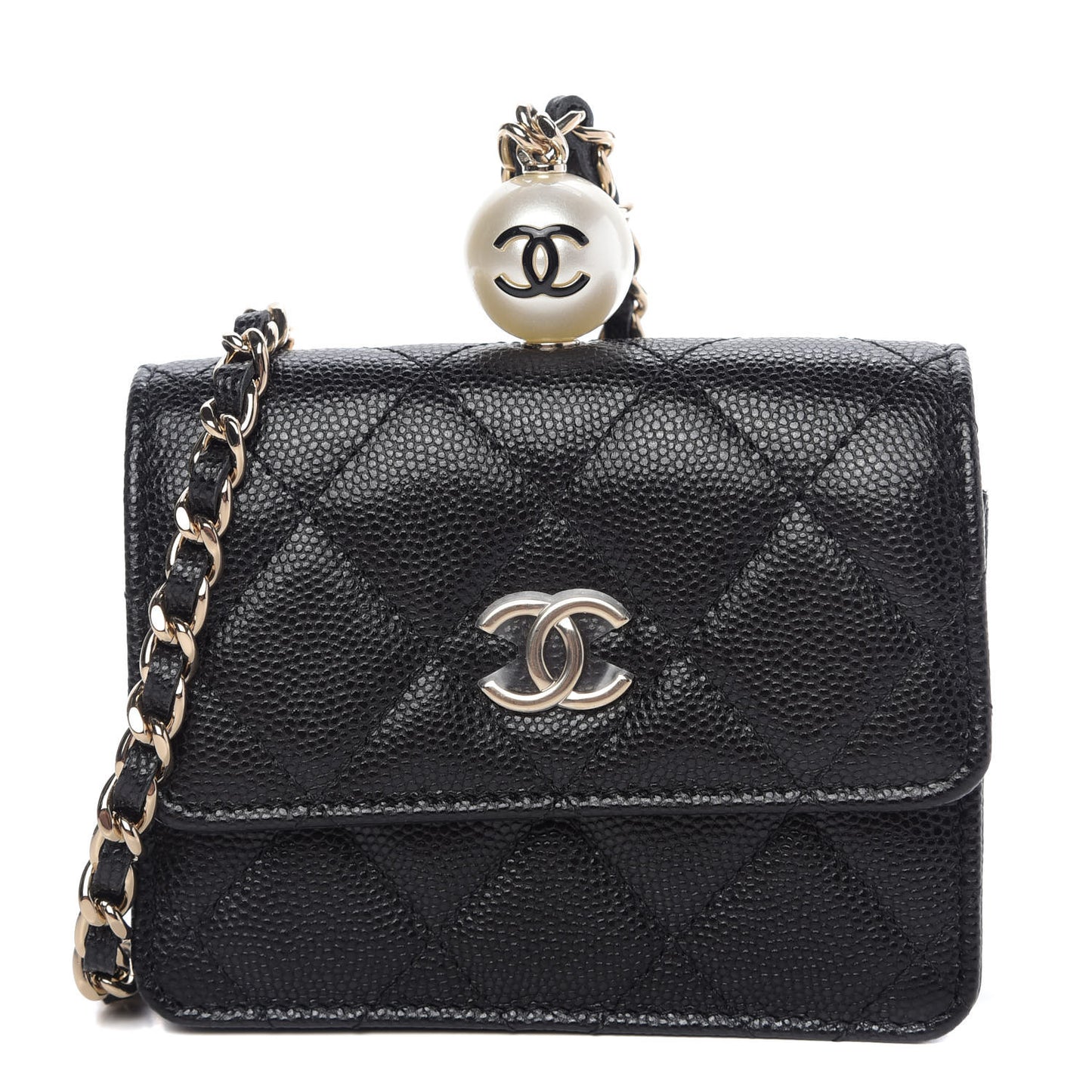 Caviar Quilted Mini Pearl On Top Coin Purse With Chain Black