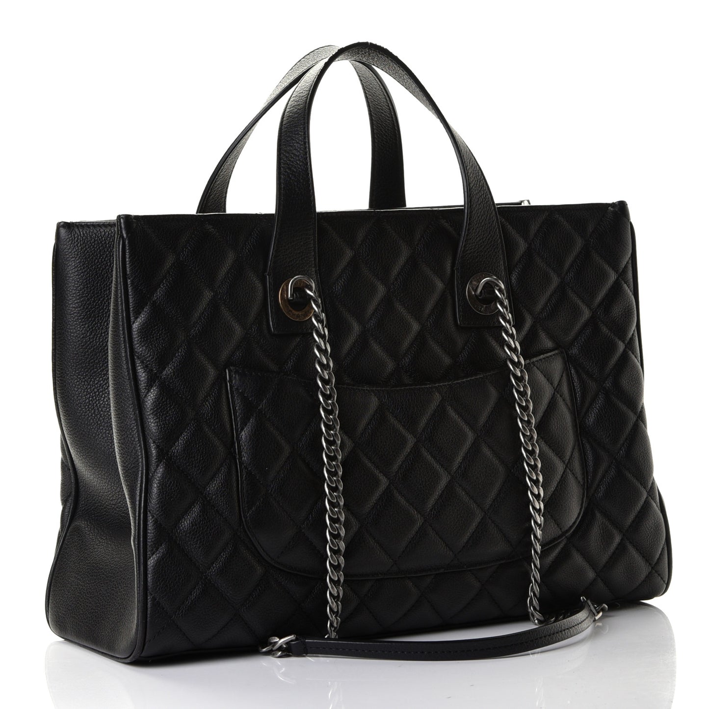 Metallic Grained Calfskin Quilted Large Casual Pocket Tote Black