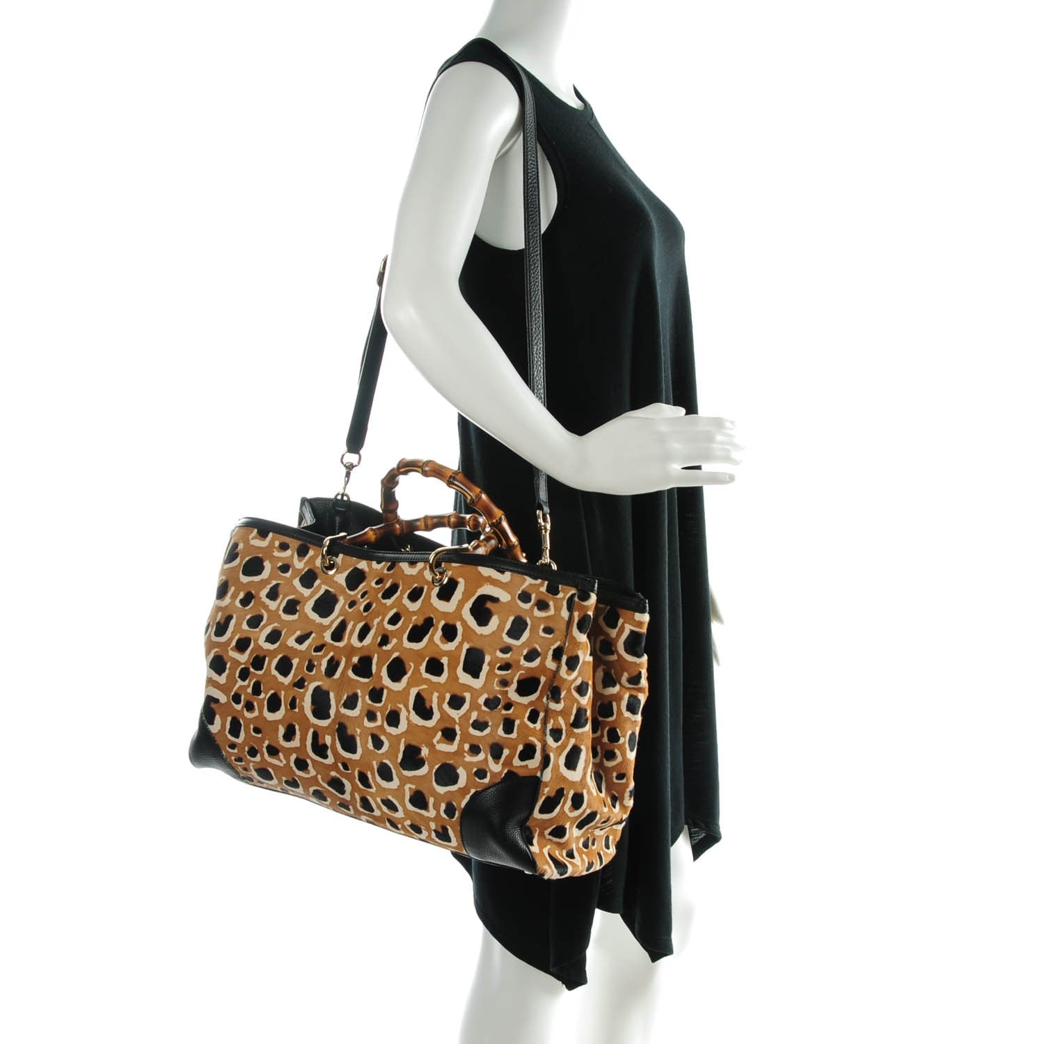 Gucci Calf Hair Leopard Print Large Bamboo Shopper Tote Tobacco 2 of 7