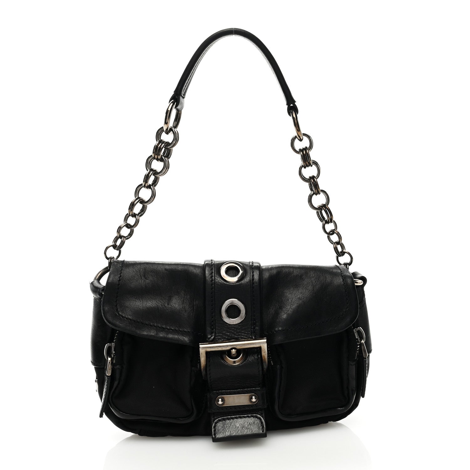 Prada Soft Calfskin Buckle Shoulder Bag Black 1 of 8