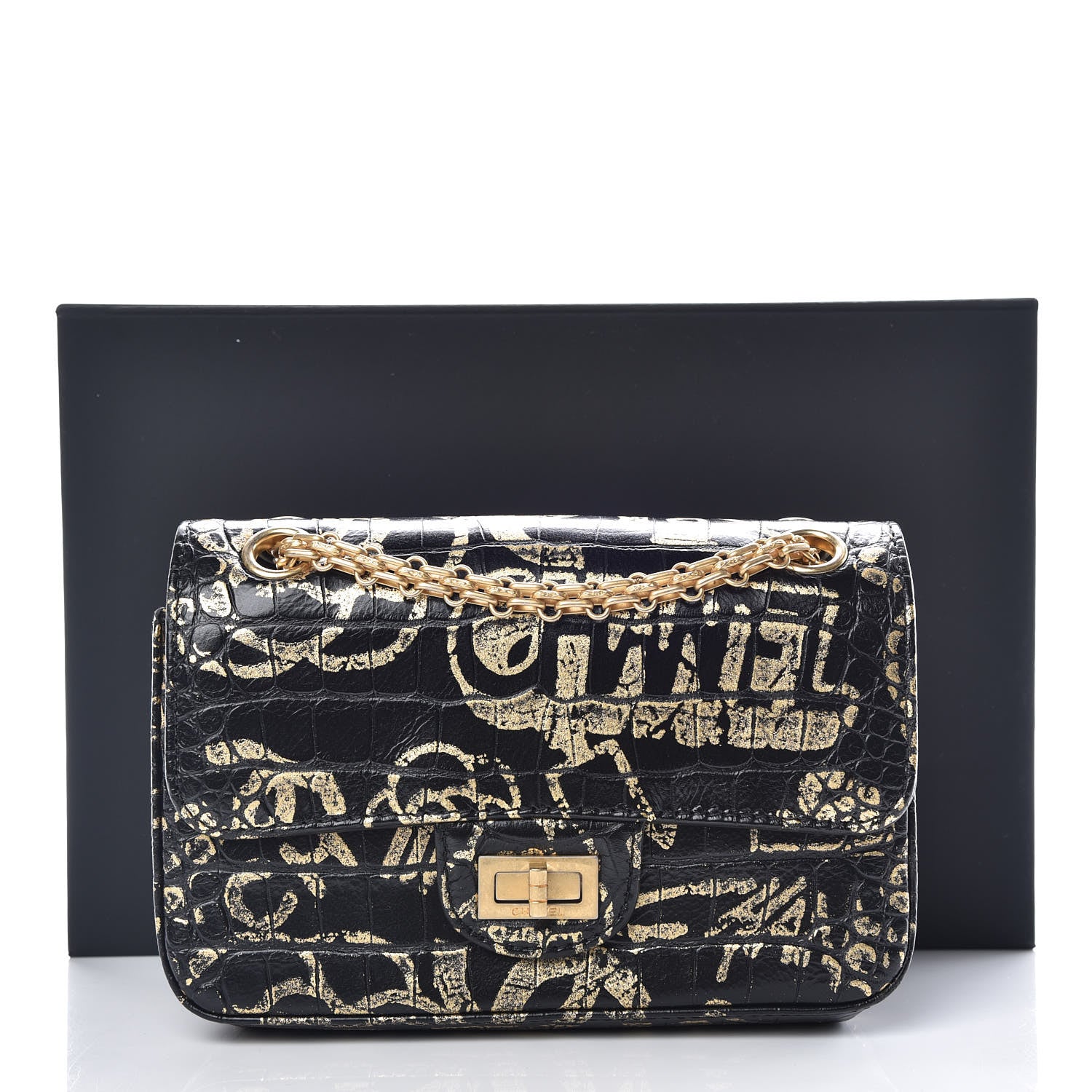 Chanel Calfskin Crocodile Embossed Graffiti 2.55 Mini Cocodile Reissue Flap Black Gold 10 of 10