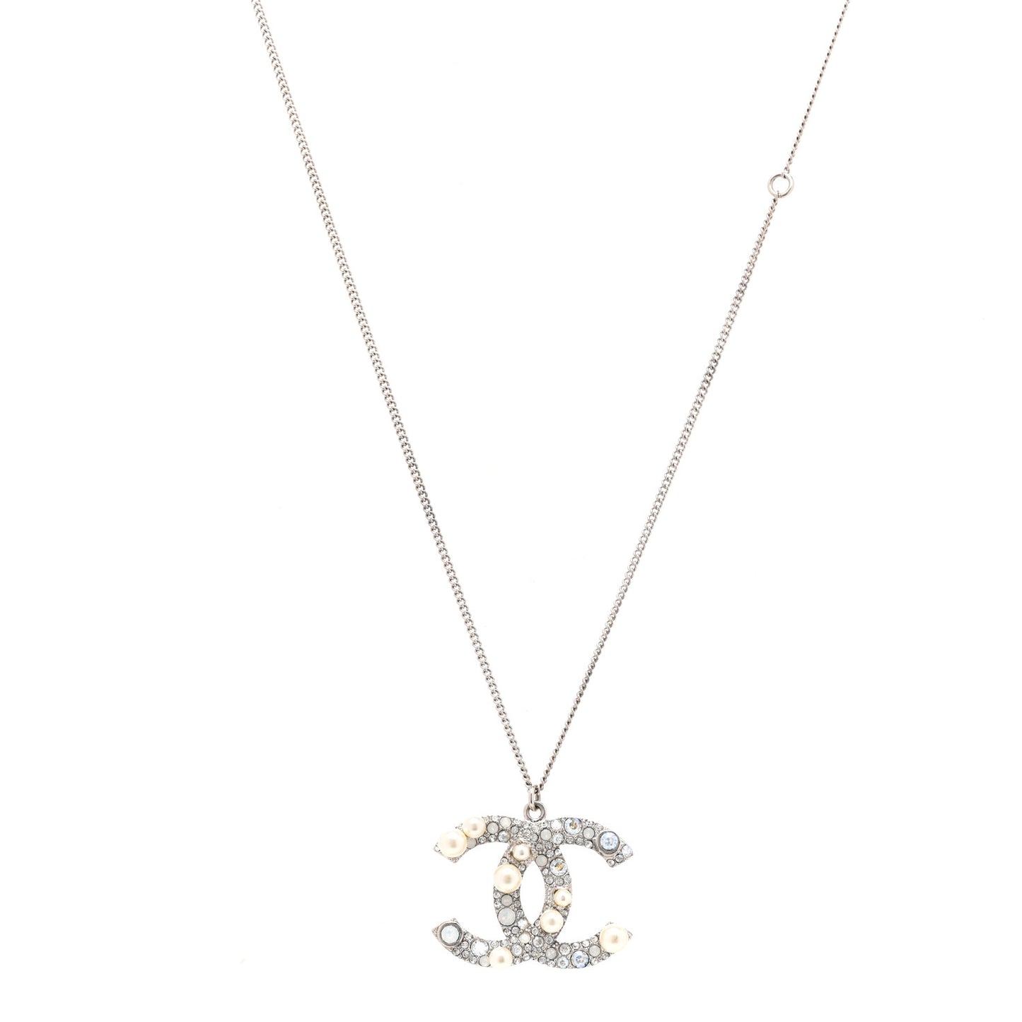 Crystal Pearl CC Pendant Necklace Silver