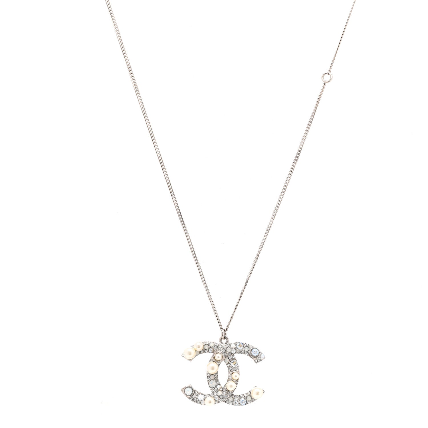 Chanel Crystal Pearl CC Pendant Necklace Silver 1 of 5