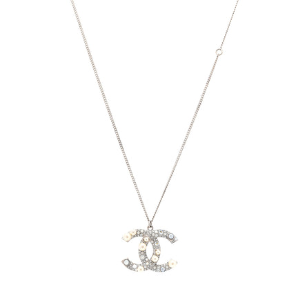 Chanel Crystal Pearl CC Pendant Necklace Silver 1 of 5