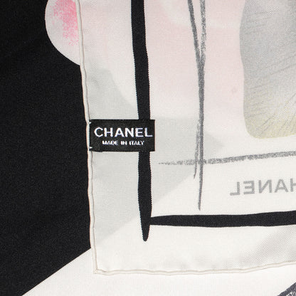 Chanel Silk Camellia Flower Scarf Black Pink 4 of 5