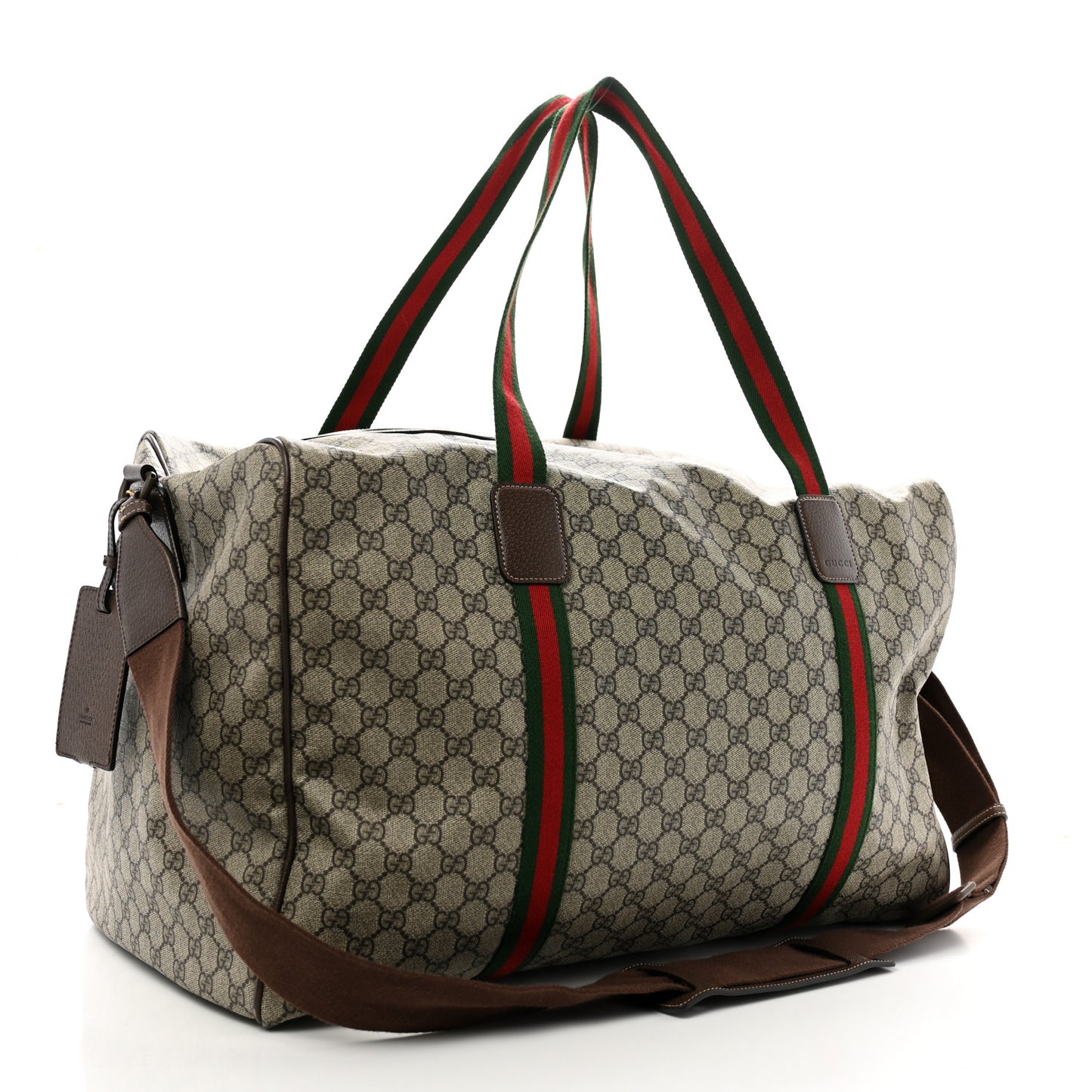 Tender GG Supreme Monogram Textured Dollar Calfskin Web Large Duffle Bag Beige Ebony New Acero