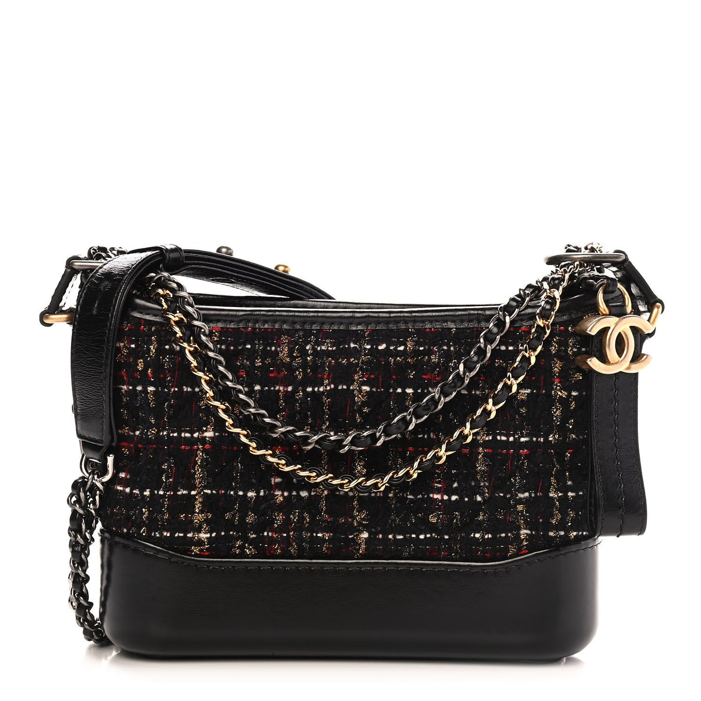 Tweed Calfskin Small Gabrielle Hobo Black Gold Red Ecru