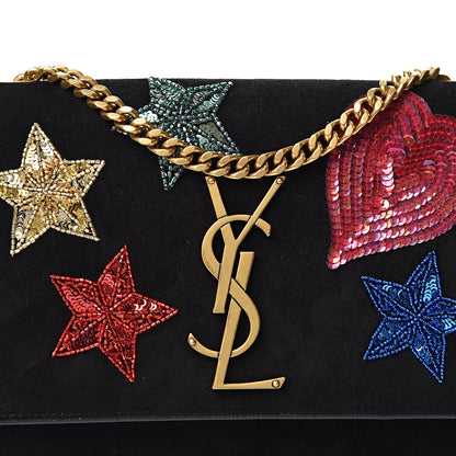 Saint Laurent Suede Embroidered Patches Small Monogram Kate Satchel Black 7 of 9
