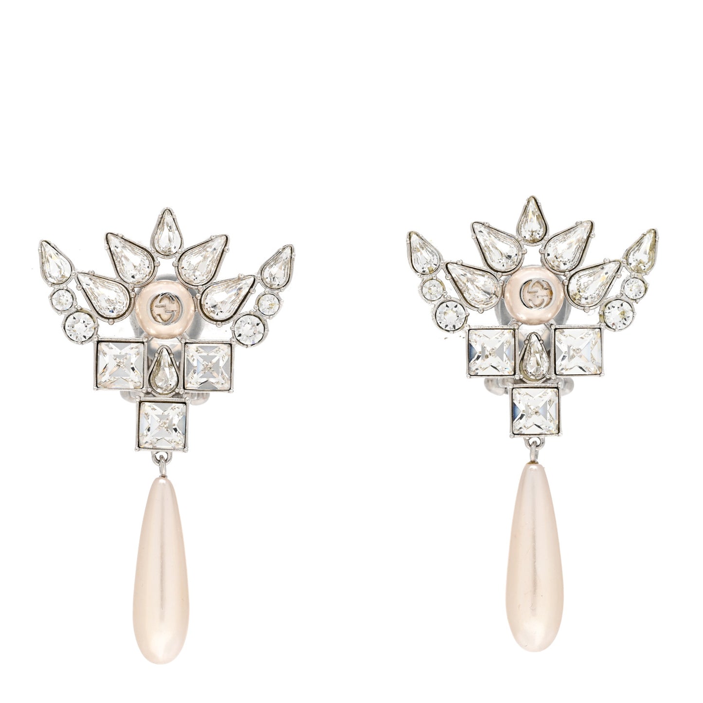 Crystal Pearl Interlocking G Drop Clip On Earrings