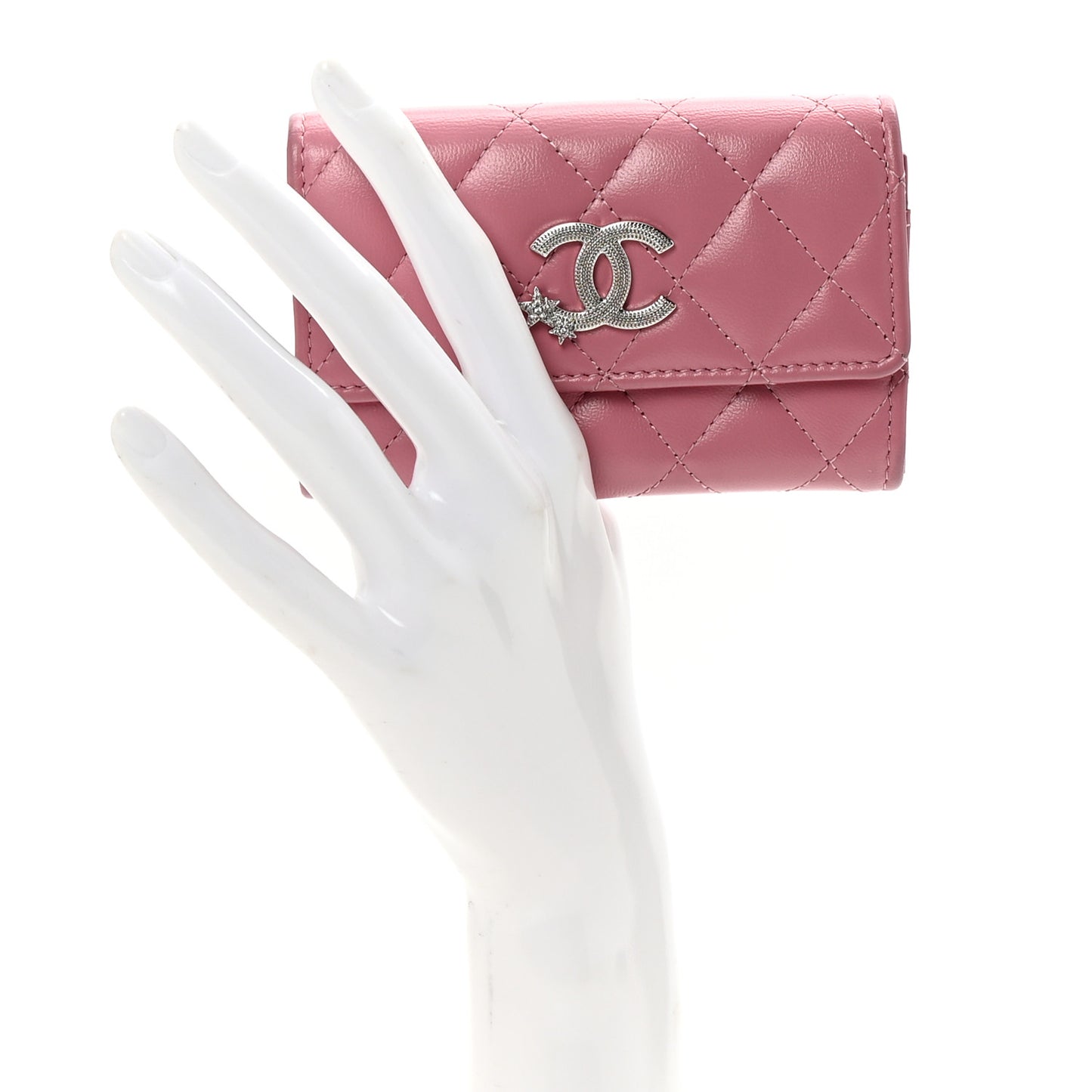 Lambskin Quilted Flap Crystal Star Card Holder Wallet Pink