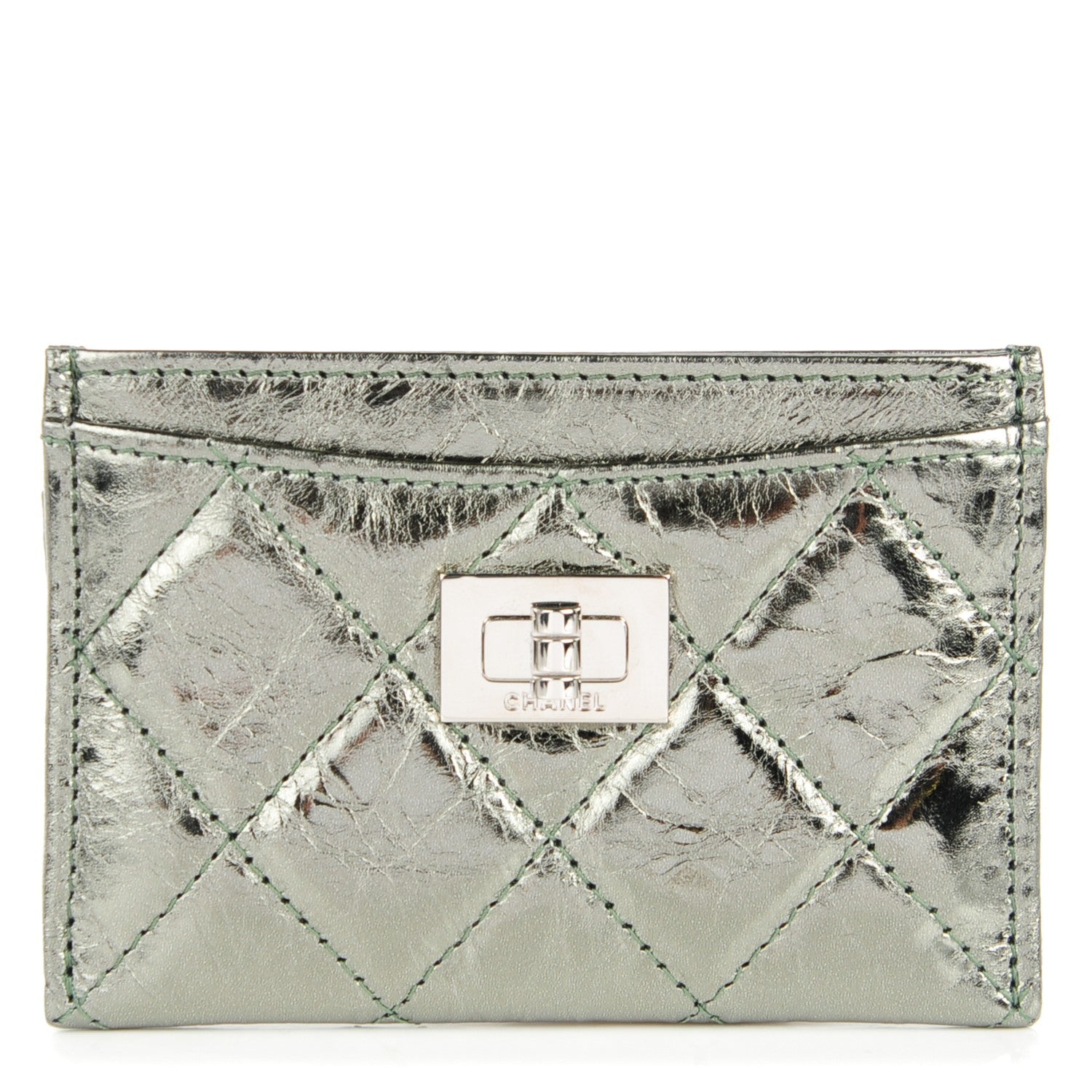 Chanel Metallic Aged Calfskin Quilted Reissue Card Holder Dark Green 1 of 8