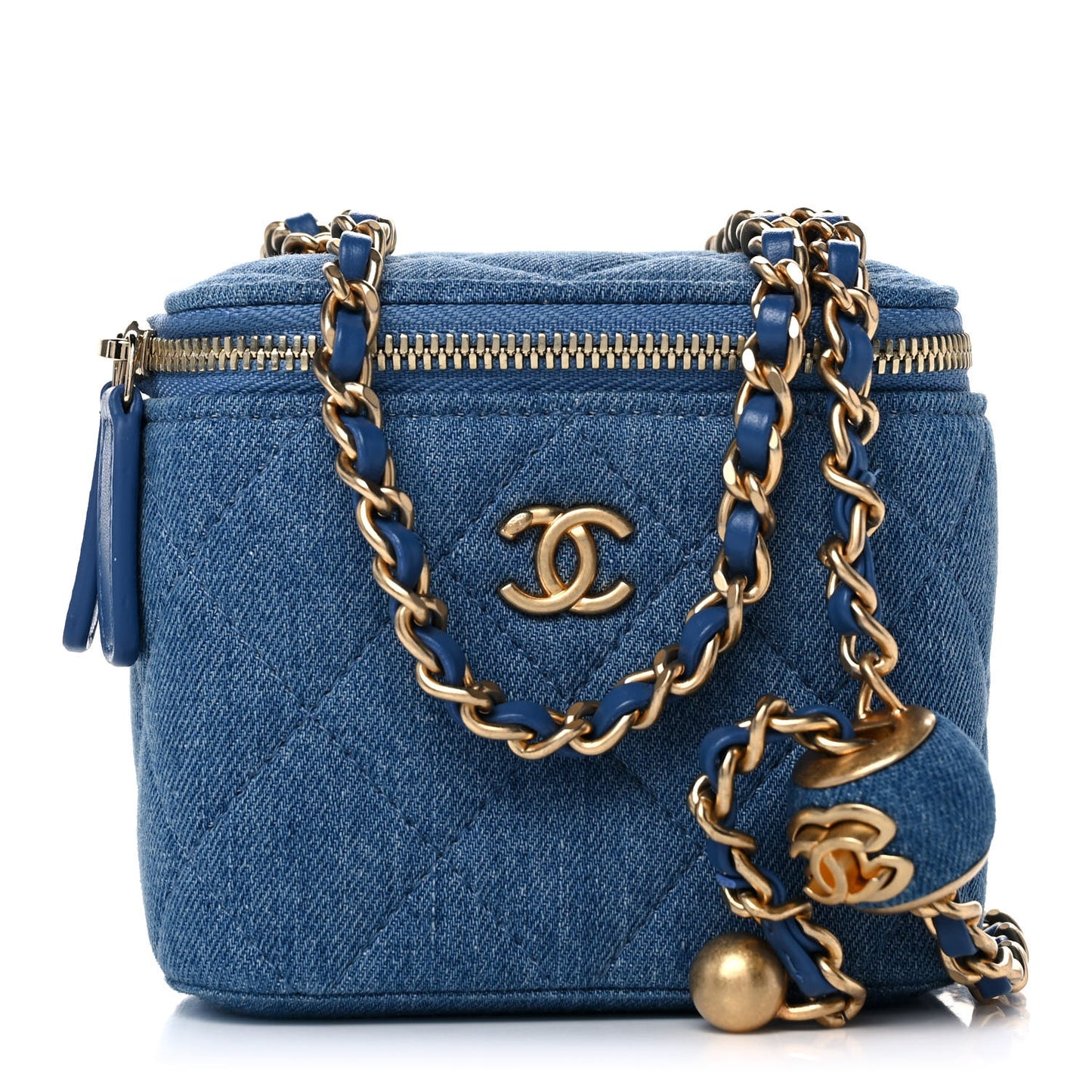 Denim Quilted Mini Pearl Crush Vanity Case With Chain