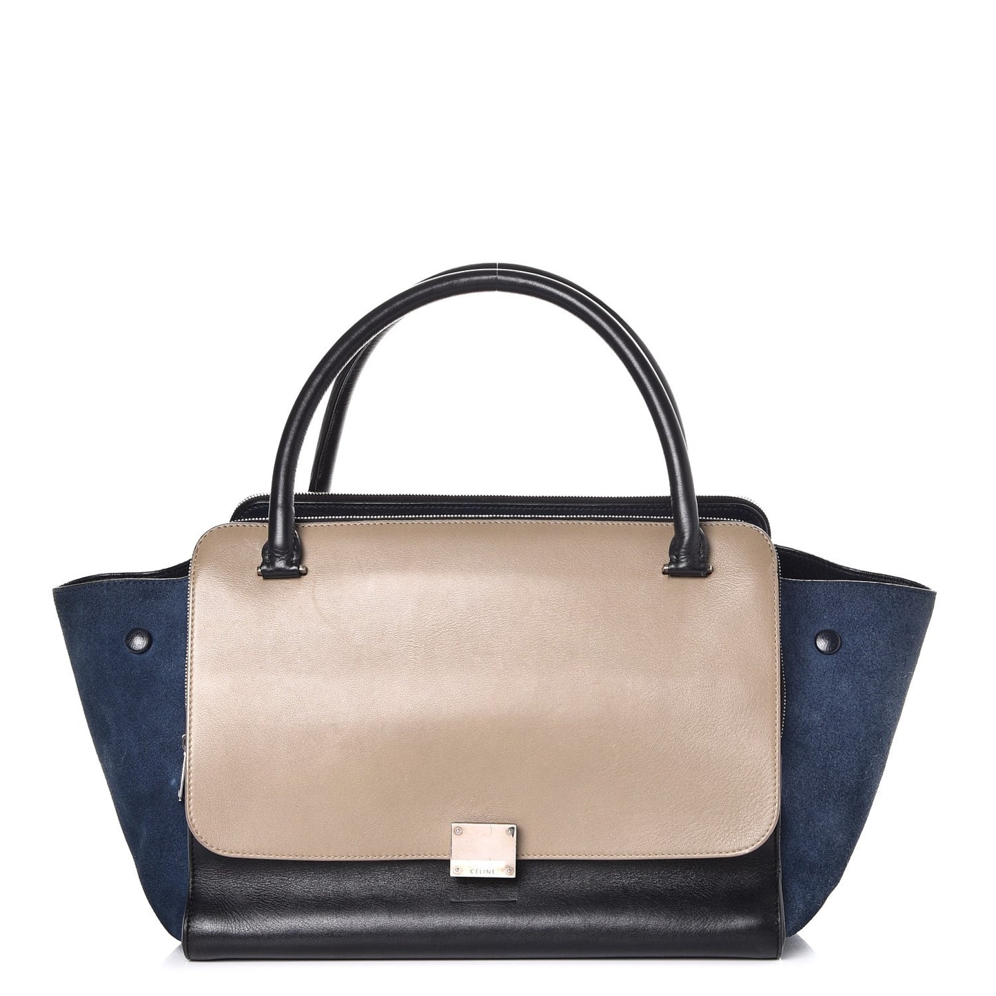 Smooth Calfskin Suede Tri-Color Double Zip Trapeze Sand