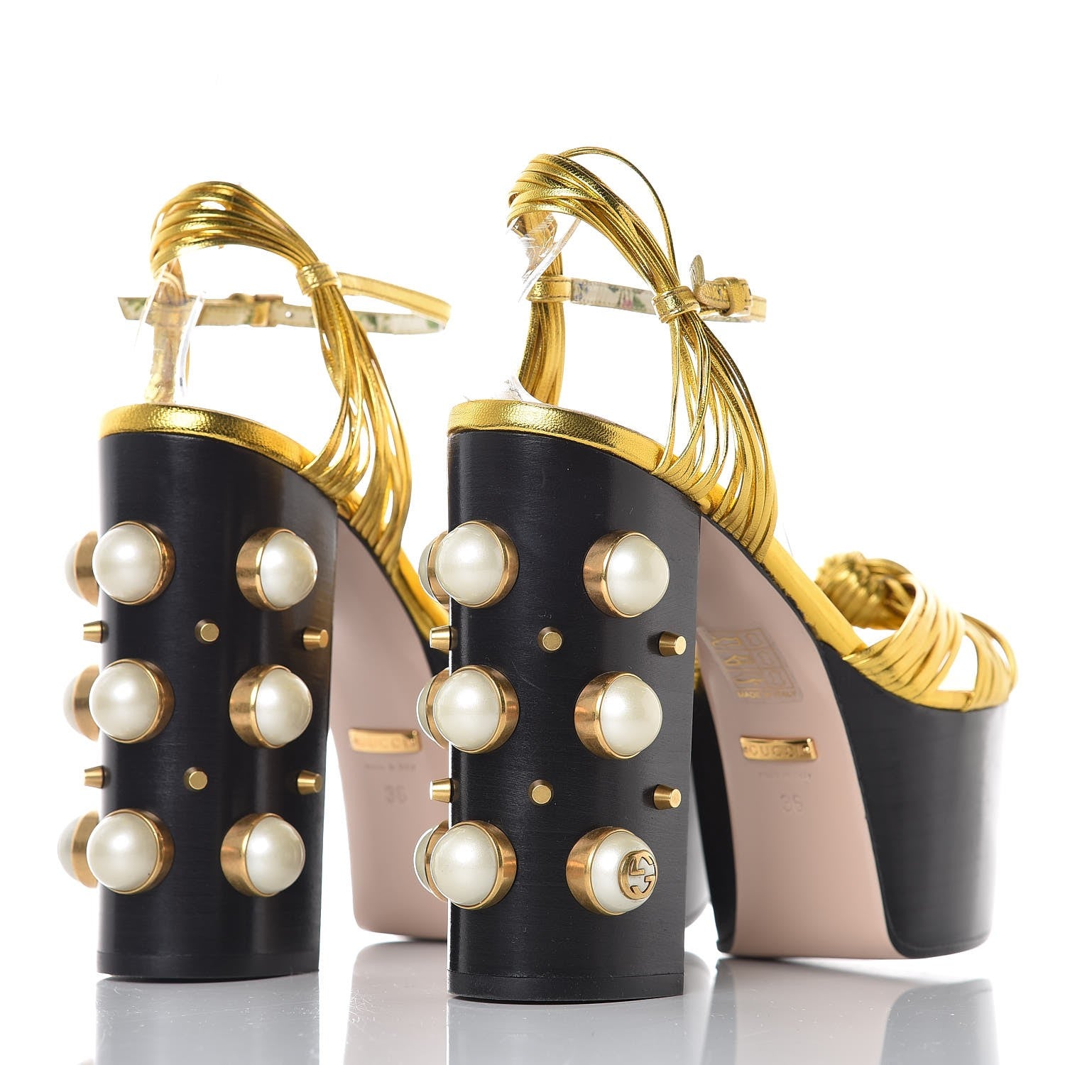 Gucci Malaga Kid Pearl Knot Platform Sandals 36 Black Gold 4 of 10