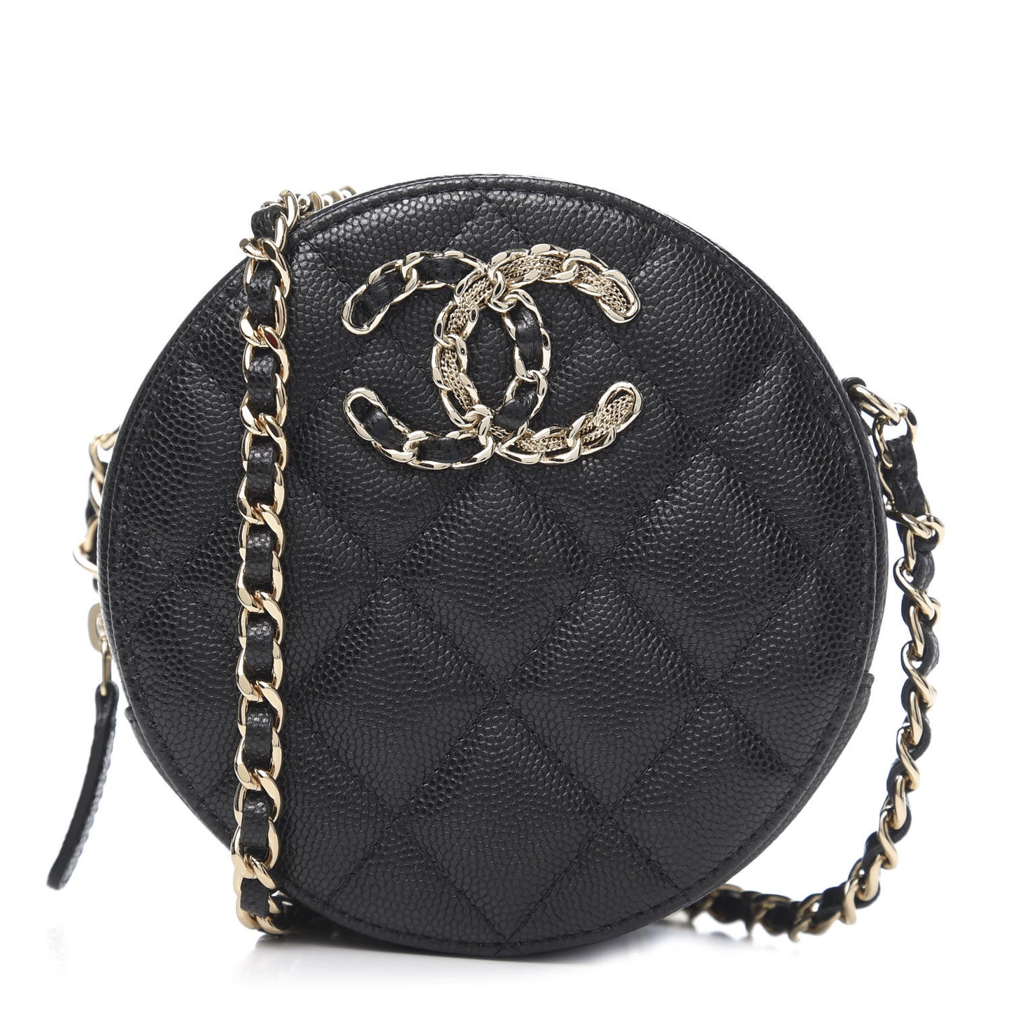 Caviar Quilted French New Wave Round Clutch With Chain Black