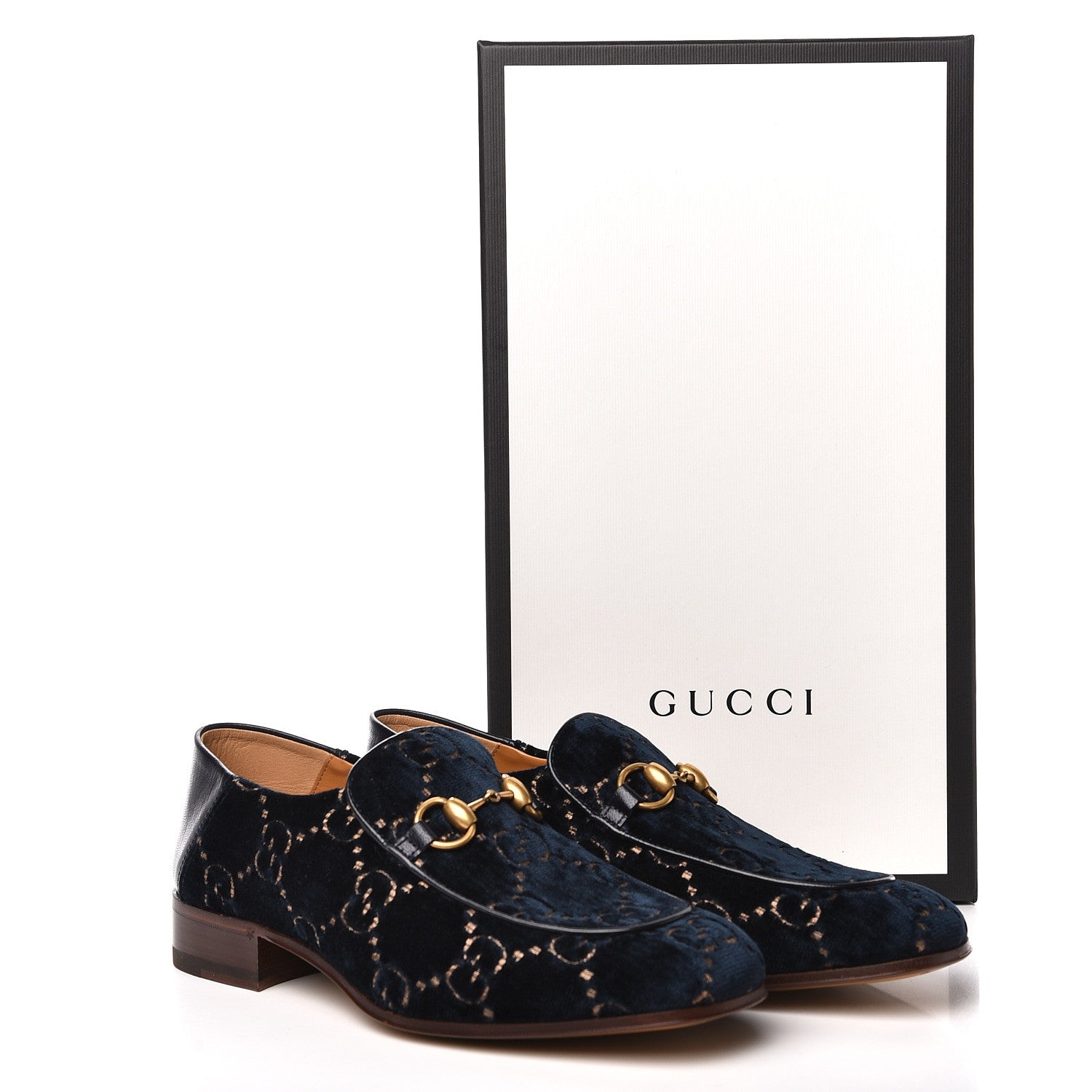 Gucci Velvet GG Monogram Goatskin Mens Horsebit Loafers 6.5 Blue Beige 10 of 10
