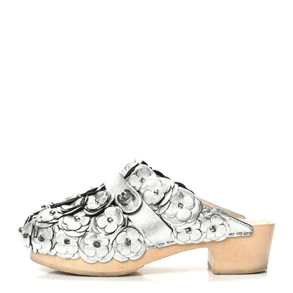 Chanel Metallic Crumpled Lambskin Wooden Camellia Mules 37.5 Silver 1 of 12