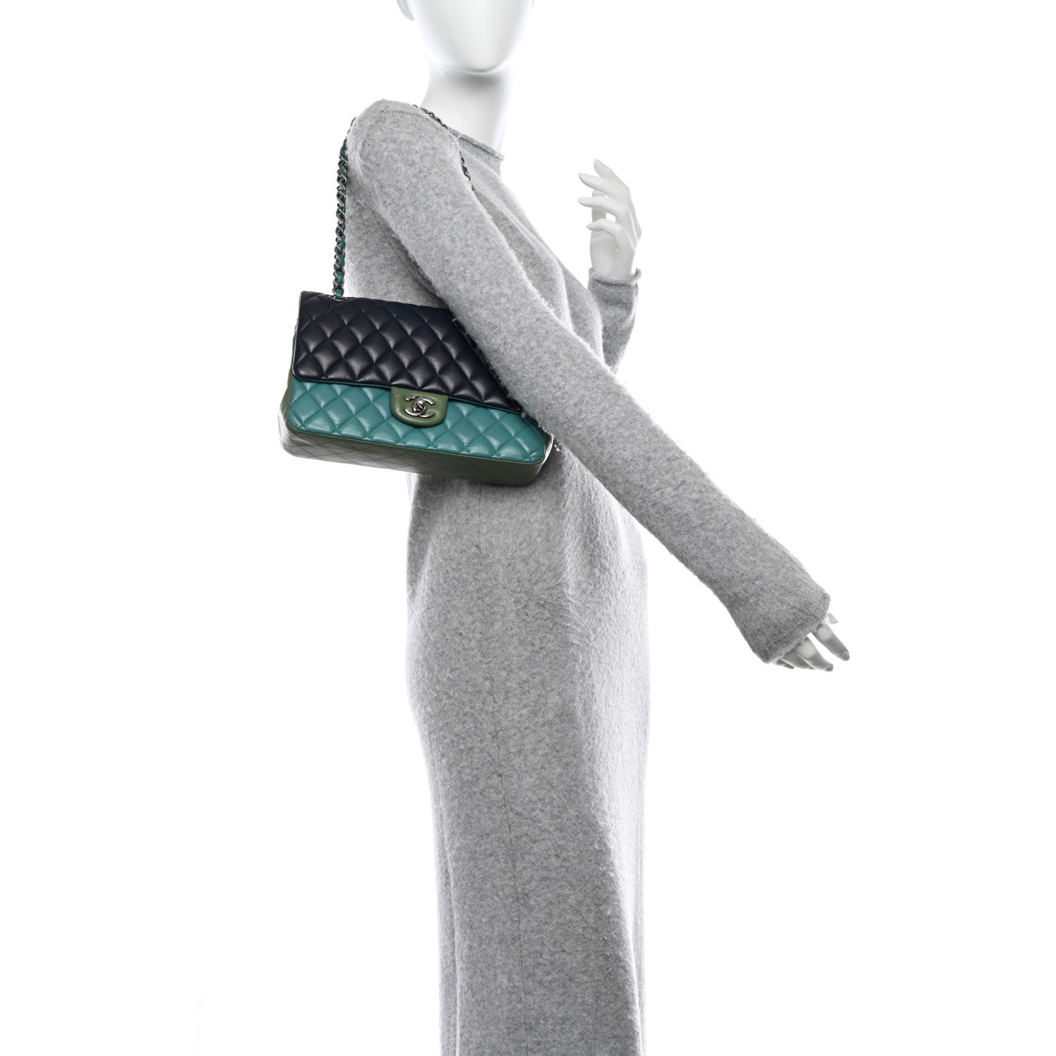 Chanel Lambskin Quilted Tri-Color Medium Double Flap Navy Blue Green 2 of 13