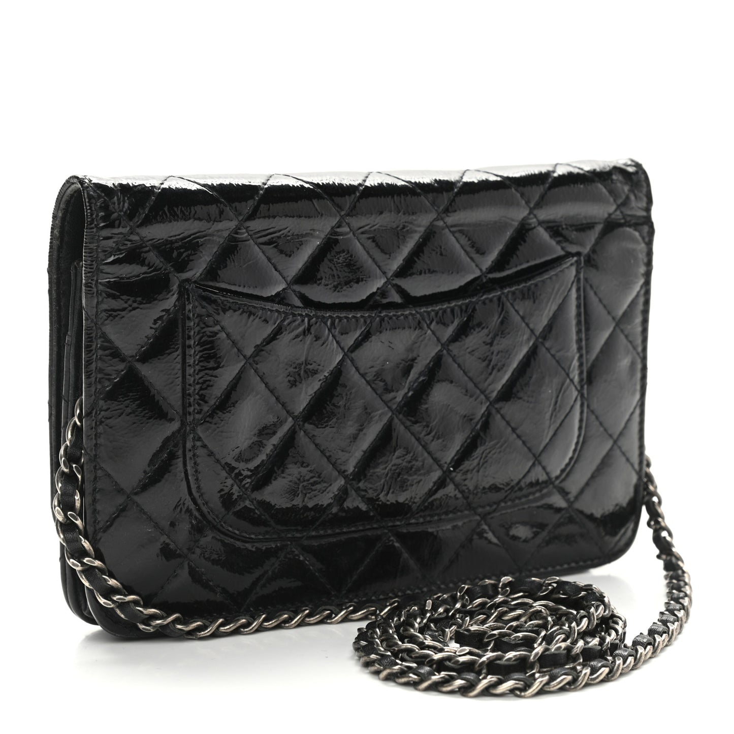 Distressed Patent Calfskin Quilted Reissue Wallet On Chain WOC Black