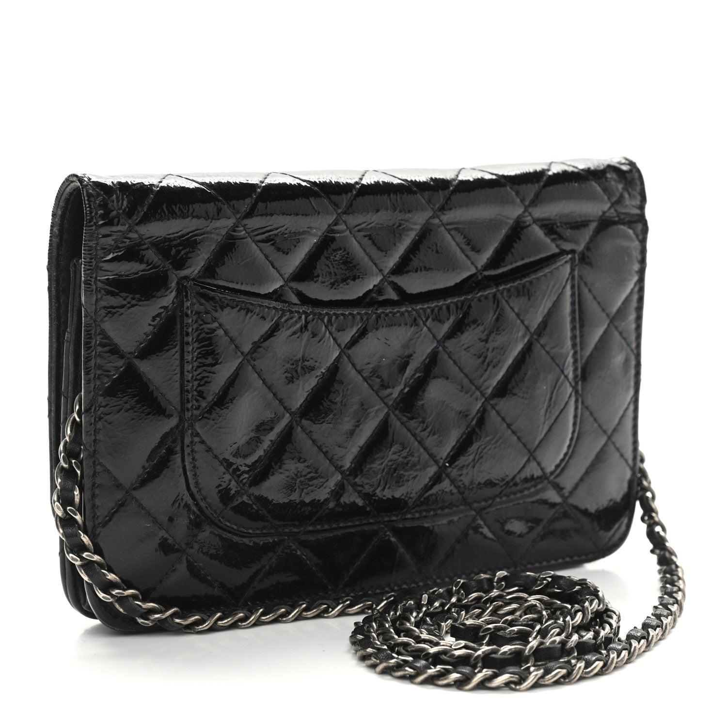 Chanel Distressed Patent Calfskin Quilted Reissue Wallet On Chain WOC Black 3 of 14