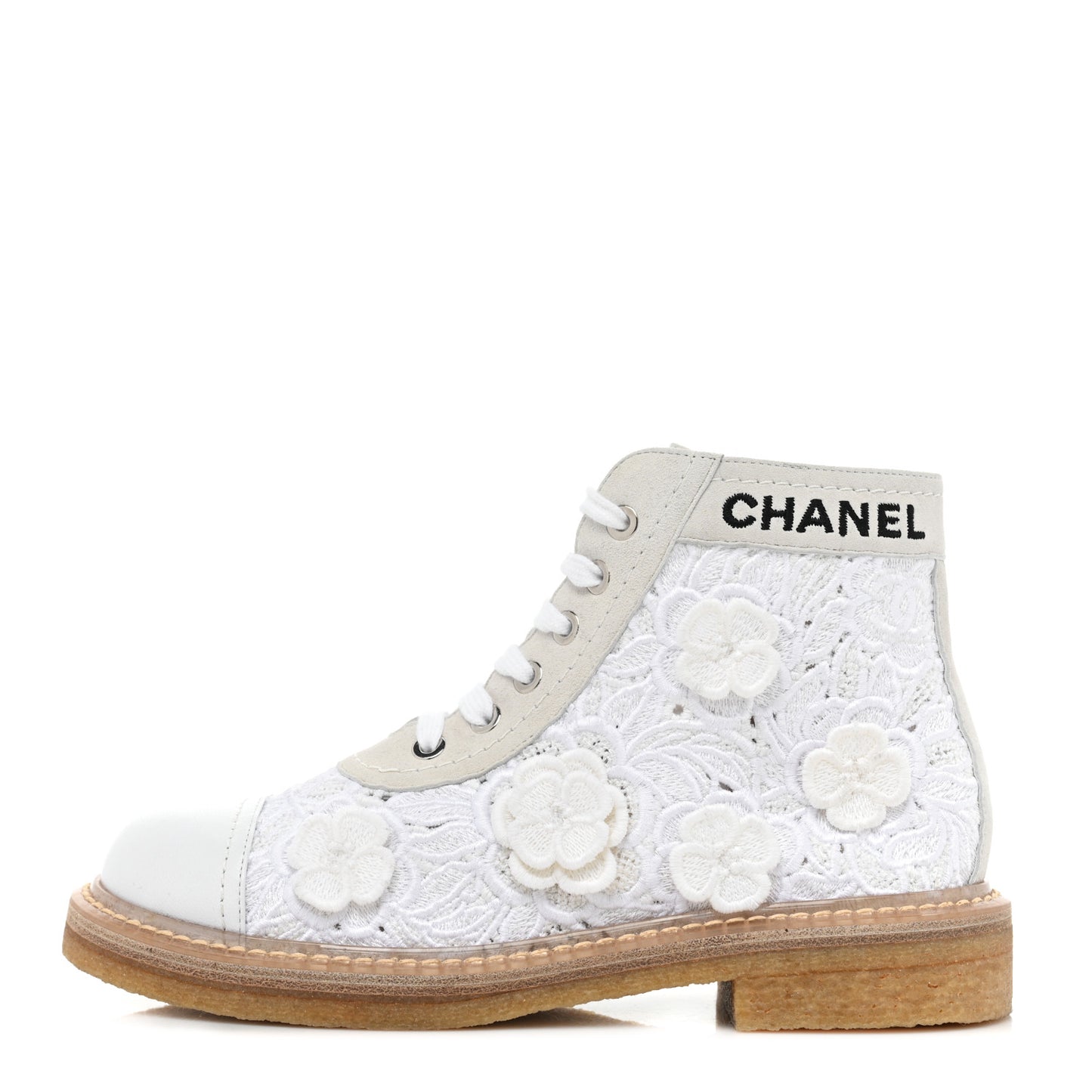 Embroidered Flower Calfskin Lace Up Boots 36 White