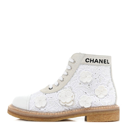 Chanel Embroidered Flower Calfskin Lace Up Boots 36 White 1 of 9