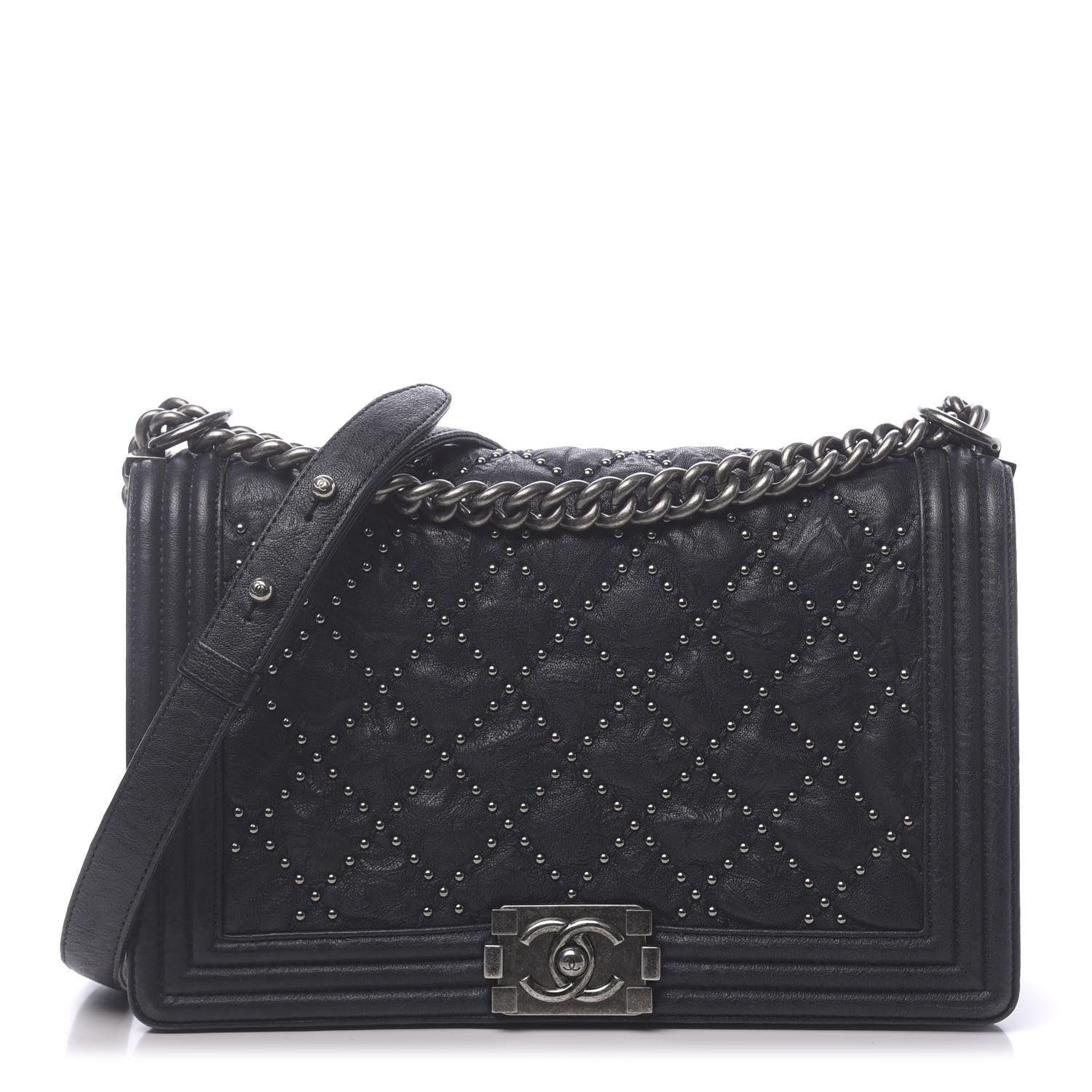 Chanel Crumpled Lambskin New Medium Studded Boy Flap Navy 1 of 17