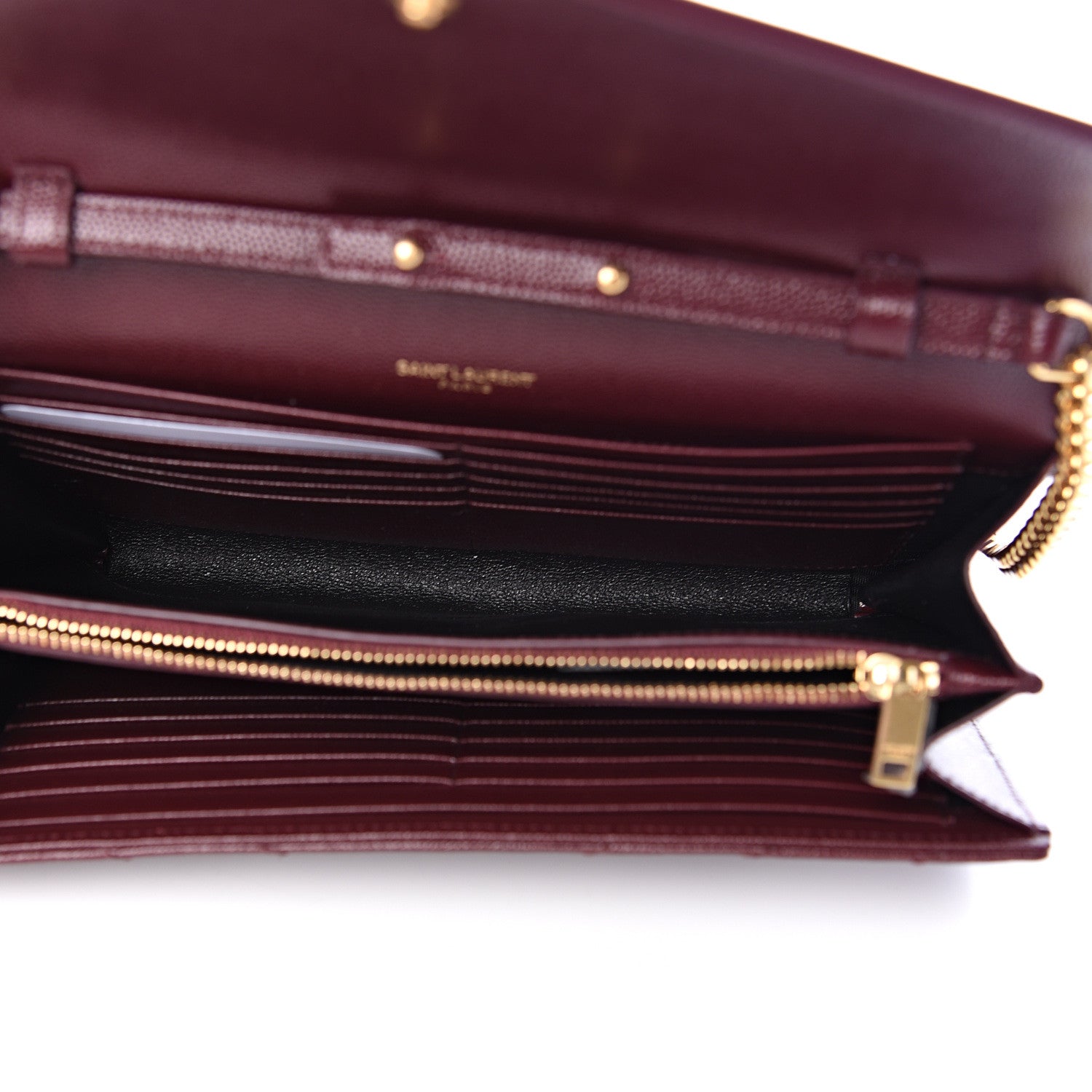 Saint Laurent Grain De Poudre Matelasse Chevron Monogram Chain Wallet Rouge Legion 4 of 10