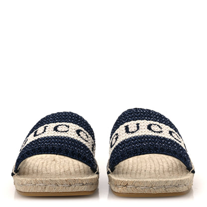 Gucci Macrochet Raffia Logo Flat Slide Espadrille Sandals 38 Blue Great White 3 of 13