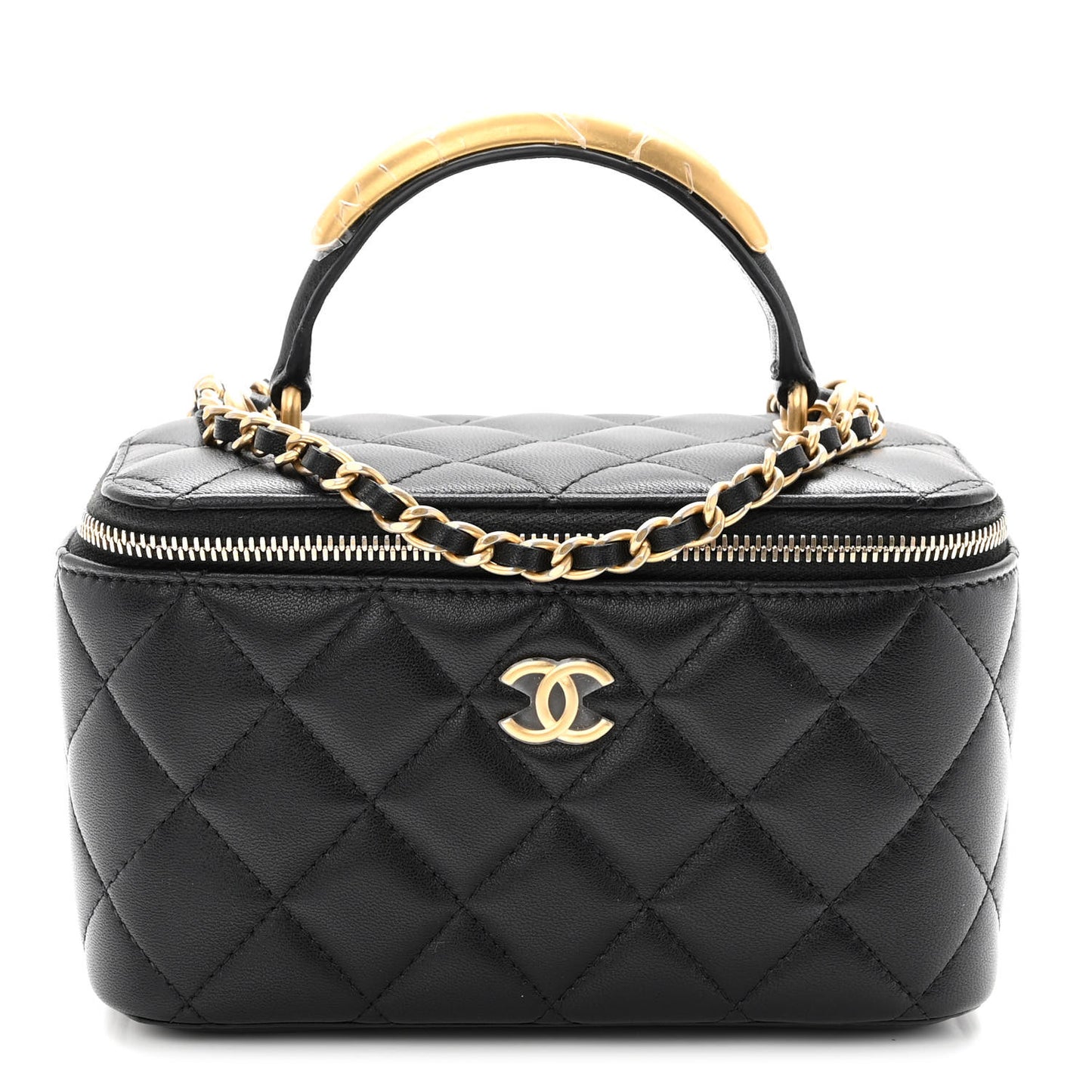 Lambskin Quilted Metal Small Top Handle Vanity Case With Chain Black