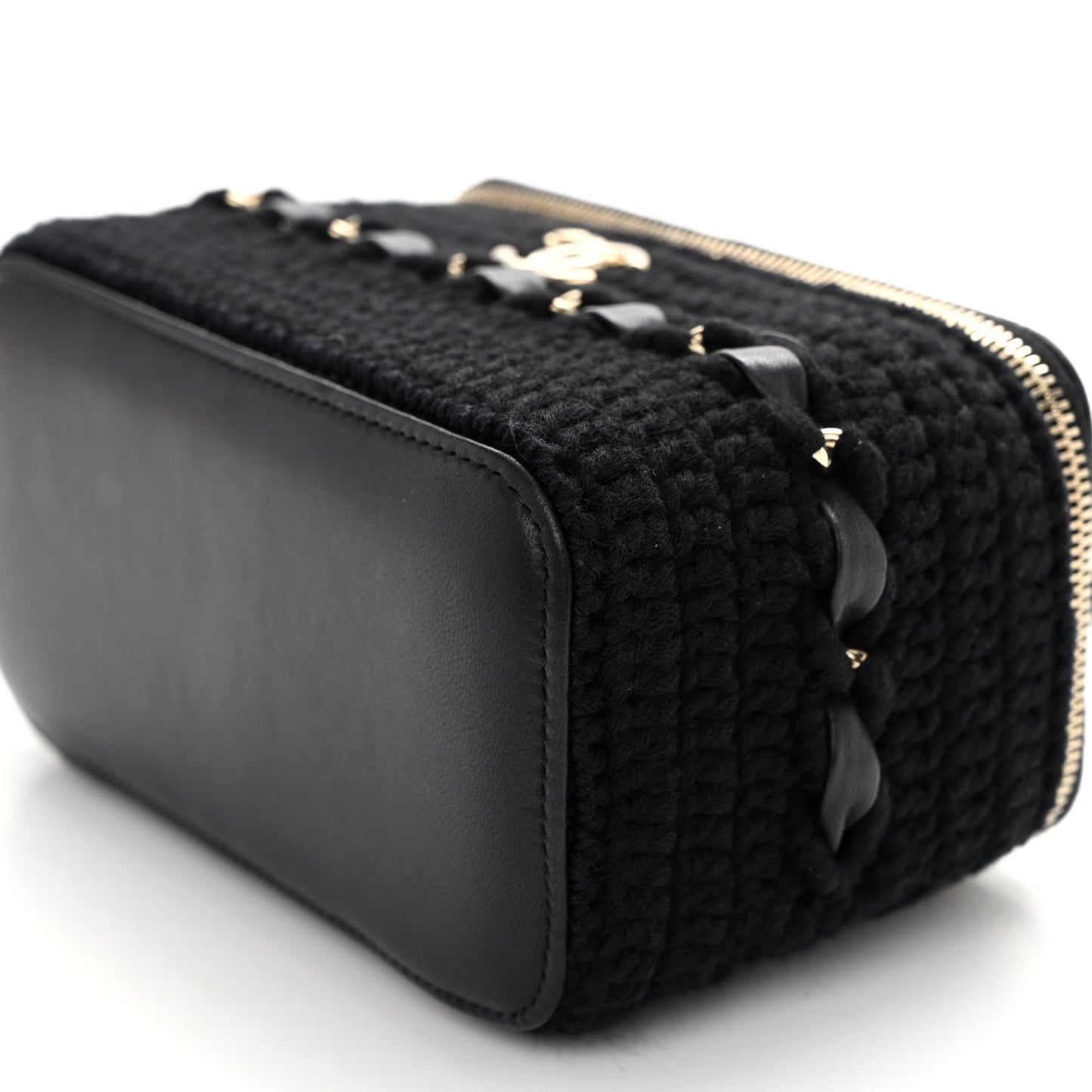 Lambskin Crochet Quilted Small Vanity Case With Chain Black