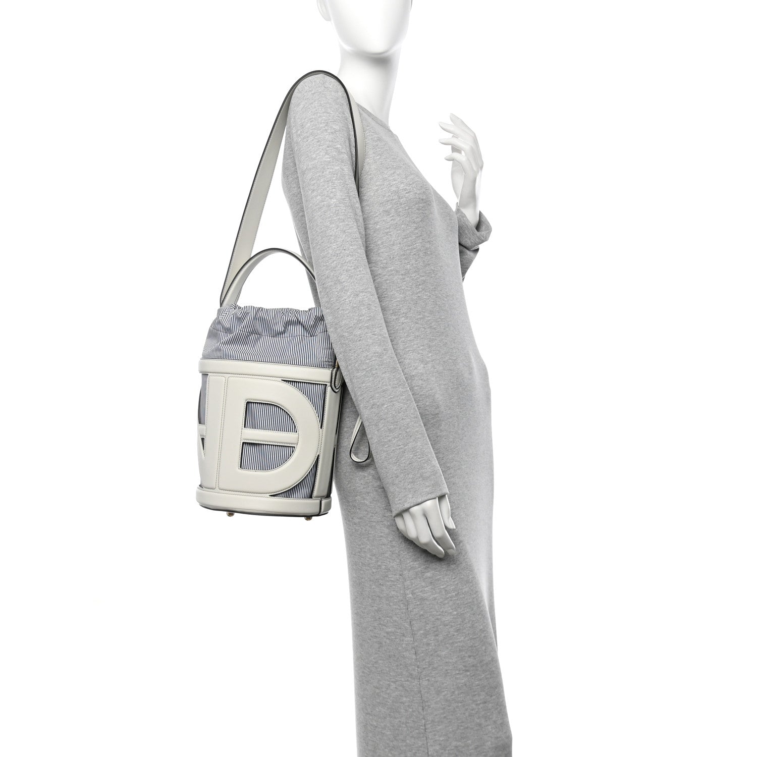 Fendi Nylon Vitello King Logo Step Out Bucket Bag White Rice Mirto 2 of 10