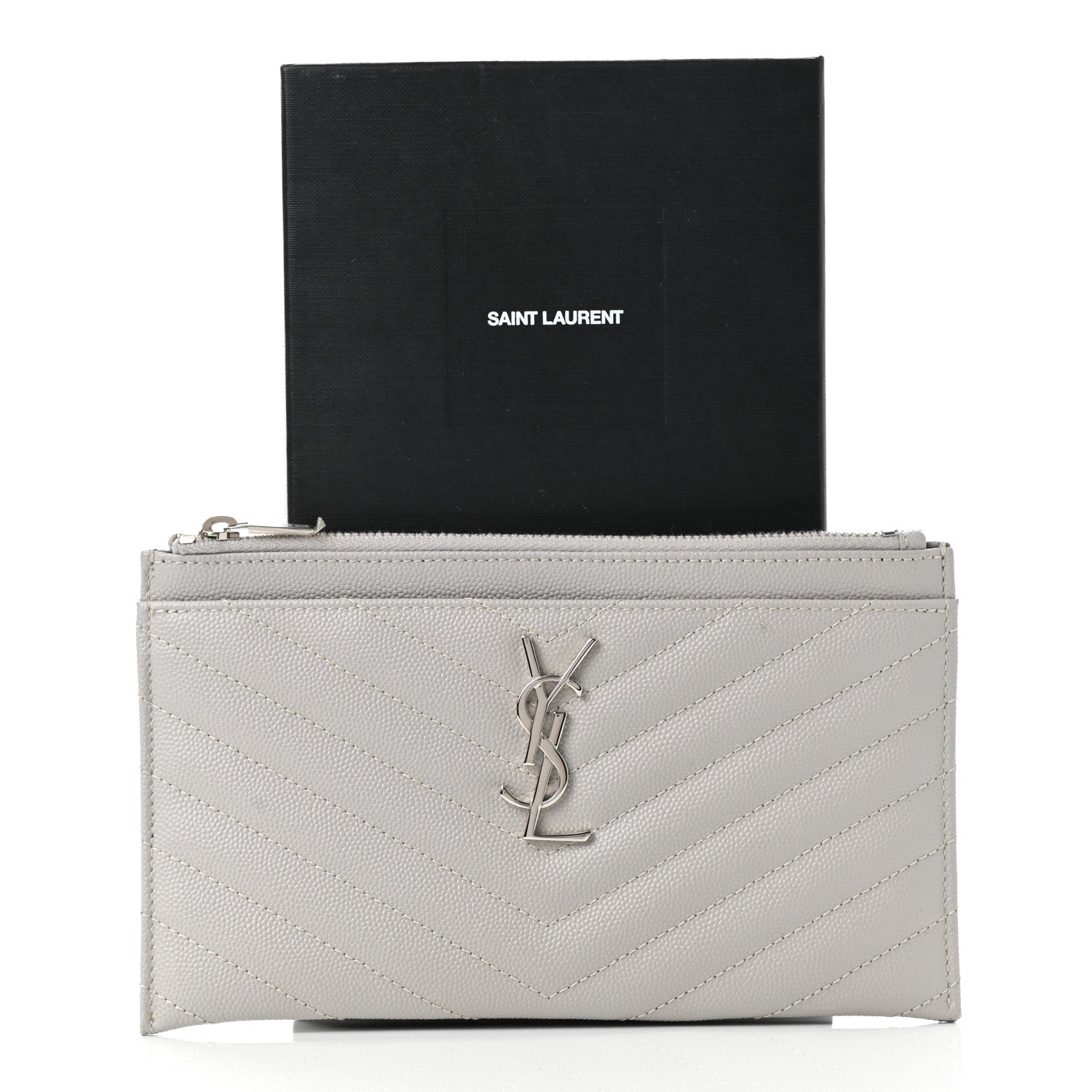 Saint Laurent Grain De Poudre Chevron Monogram Bill Pouch Granite 9 of 9